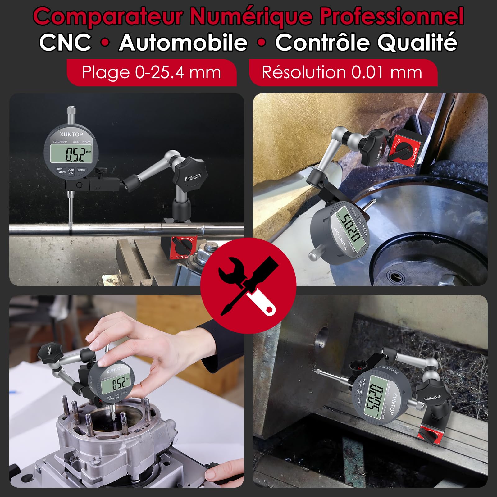XUNTOP 25.4mm Comparateur Numérique avec 40kg Base Magnétique - LCD Affichage, Précision 0.01mm, Conversion mm/pouce - Outil de Mesure Professionnel pour Atelier, DIY et Usinage Industriel