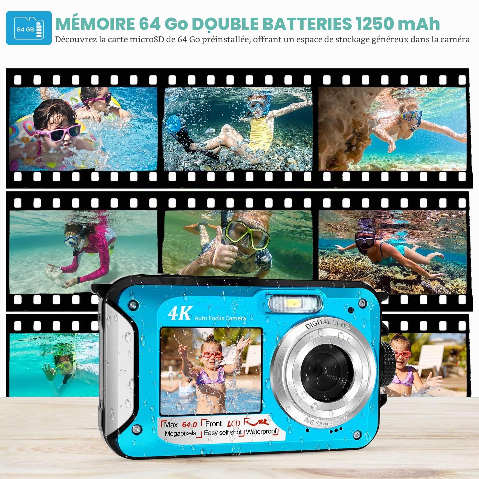 Appareil Photo Etanche 64MP avec Carte 64GB, Camera Etanche 4K avec Autofocus Et Double Écran Selfie, Appareil Photo Etanche Numérique 5 Mètres, Caméra Enfants Snorkeling (2 Batteries)