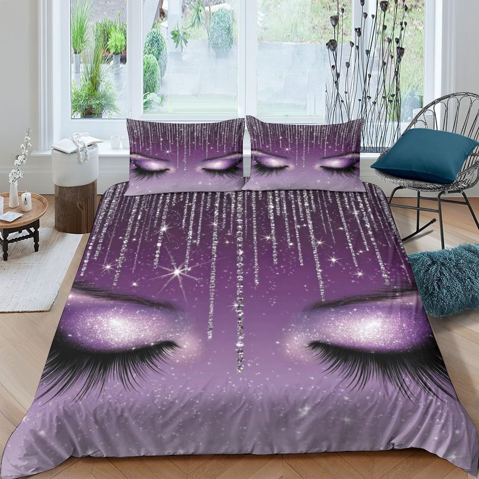 Ctjqhvkz Style-3 3D Printed Purple Glitter Eyes Fitted Sheet Microfiber Soft Bedroom Decor Sparkle Eyelash Mattress Cover For Home Single（135X200cm）