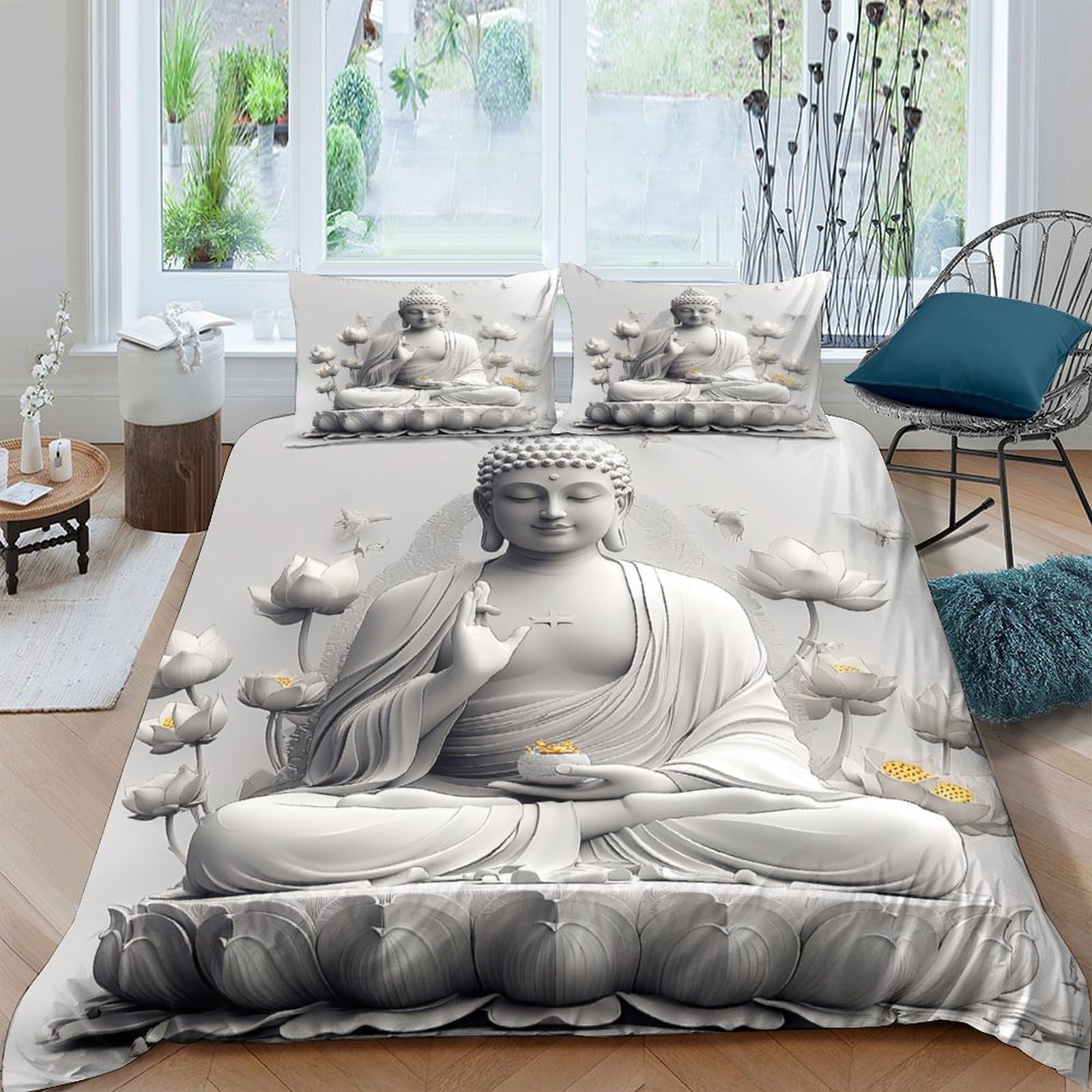 Ctjqhvkz Style-9 3D Printed Buddha Lotus Fitted Sheet Microfiber Soft Grey Meditation Bed Cover For Bedroom Guest Room Mattress Decor Single（135X200cm）