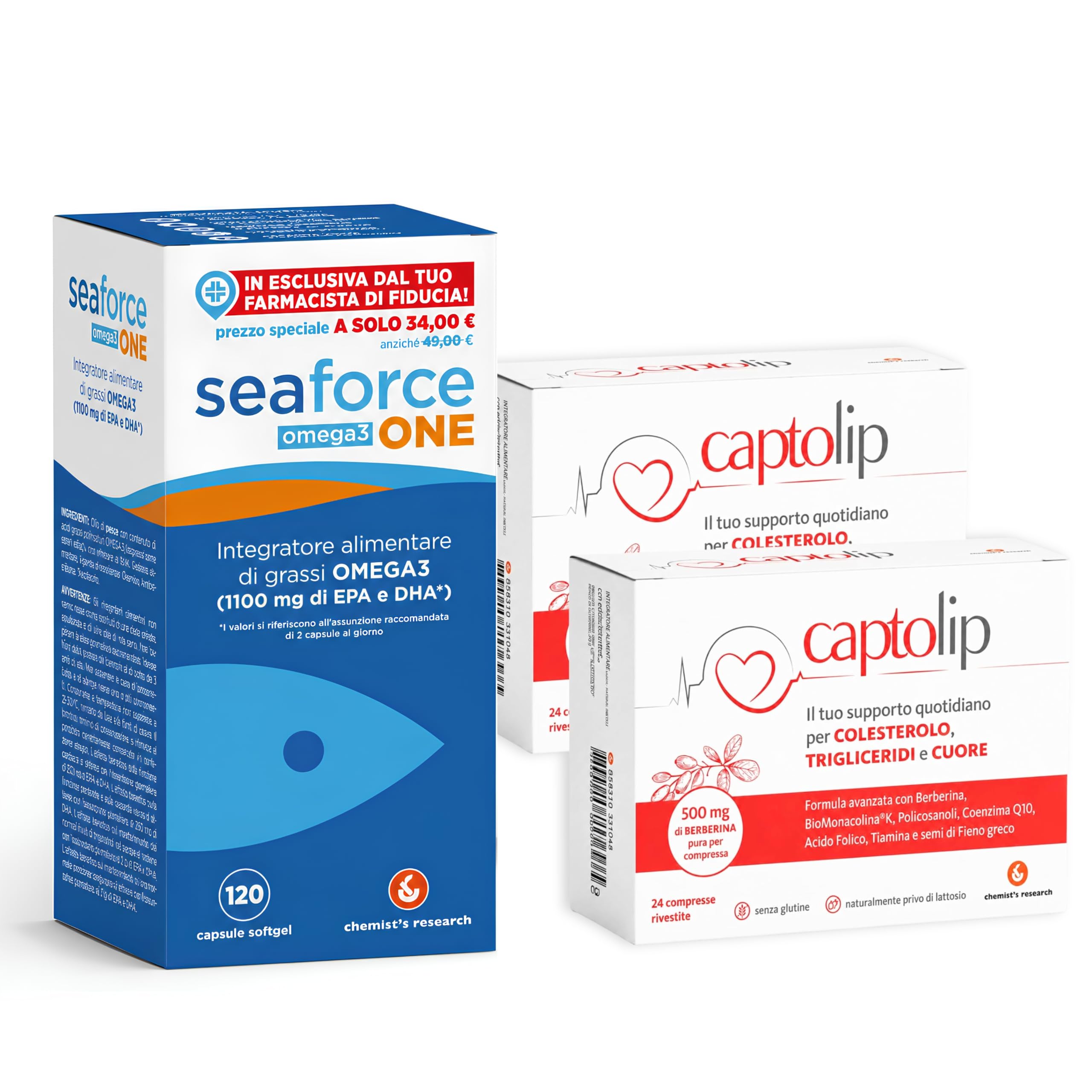 Captolip 48 Compresse + SeaForce One 120 Capsule Chemist's Research | Omega 3 Olio di Pesce EPA DHA + Berberina, BioMonacolina K, Coenzima Q10, Acido Folico, Tiamina e Fieno greco