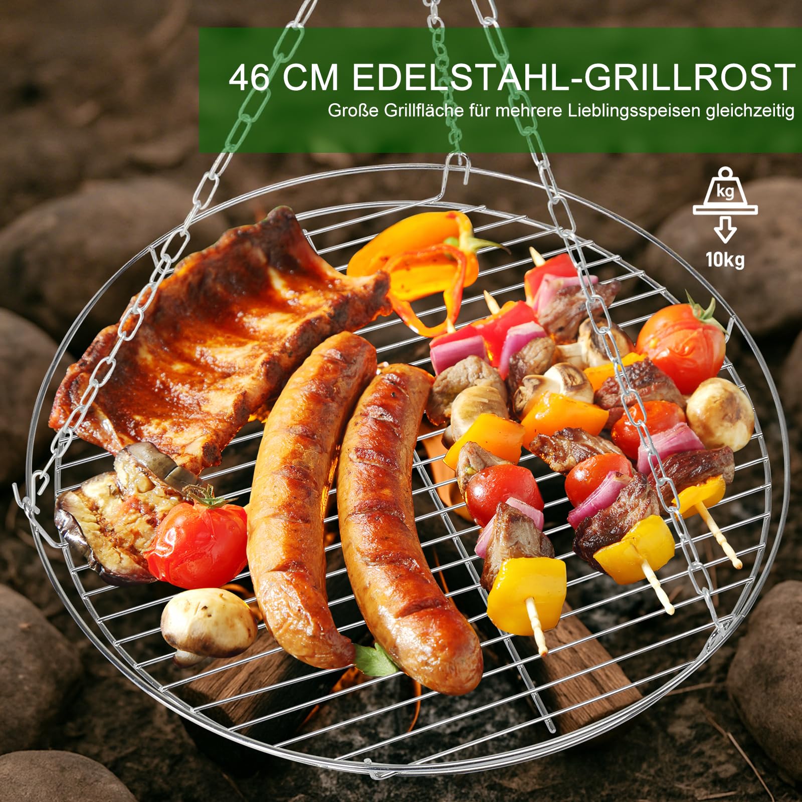 LEADZM Schwenkgrill - Dreibein für Feuerschale inkl. 48 cm Grillrost - Dreibein grill - Höhenverstellbar, große Grillfläche - Outdoor, BBQ, Camping - Schwarz