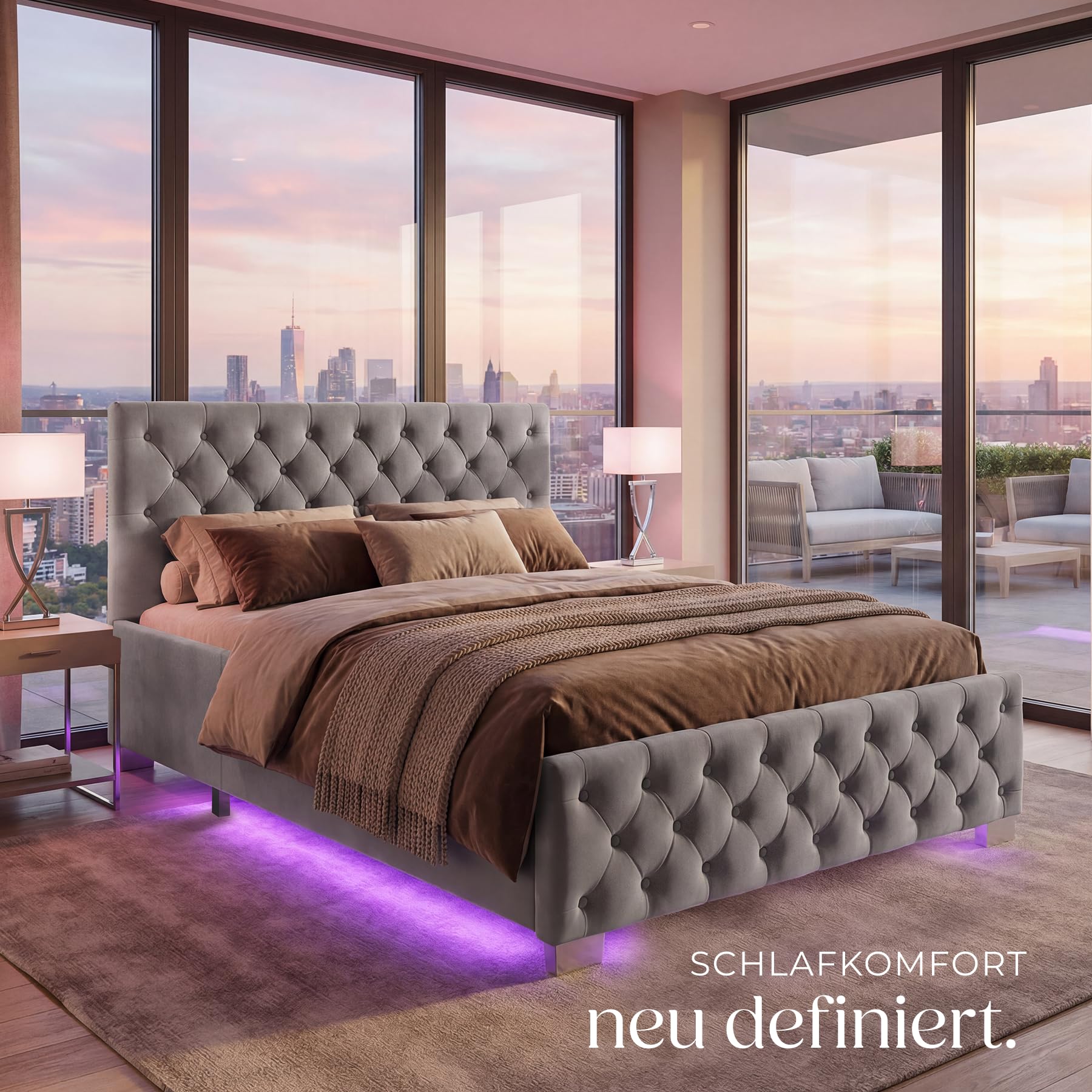 tectake® Polsterbett, 120x200cm, mit LED-Beleuchtung, 200kg Belastbarkeit, Stauraum, Gasdruckfeder, Chesterfield Samtbezug, Bettgestell, Lattenrost, Schlafzimmermöbel, Bettkasten - dunkelgrau