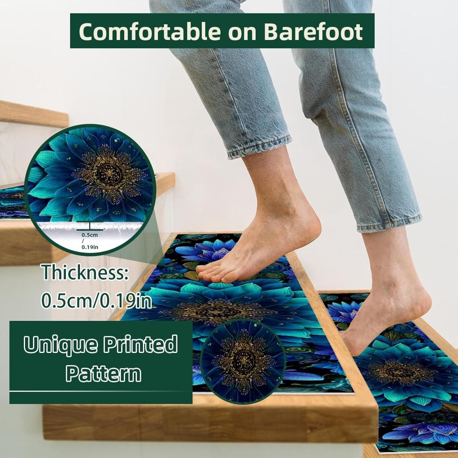 15 pcs Stair Treads 8"x30", Mandala Floral Blue Dark (2) Indoor Stair Runners Carpet Stair Tread,Watercolor Non-Slip Staircase Step Treads for Kids,Elders,Pets