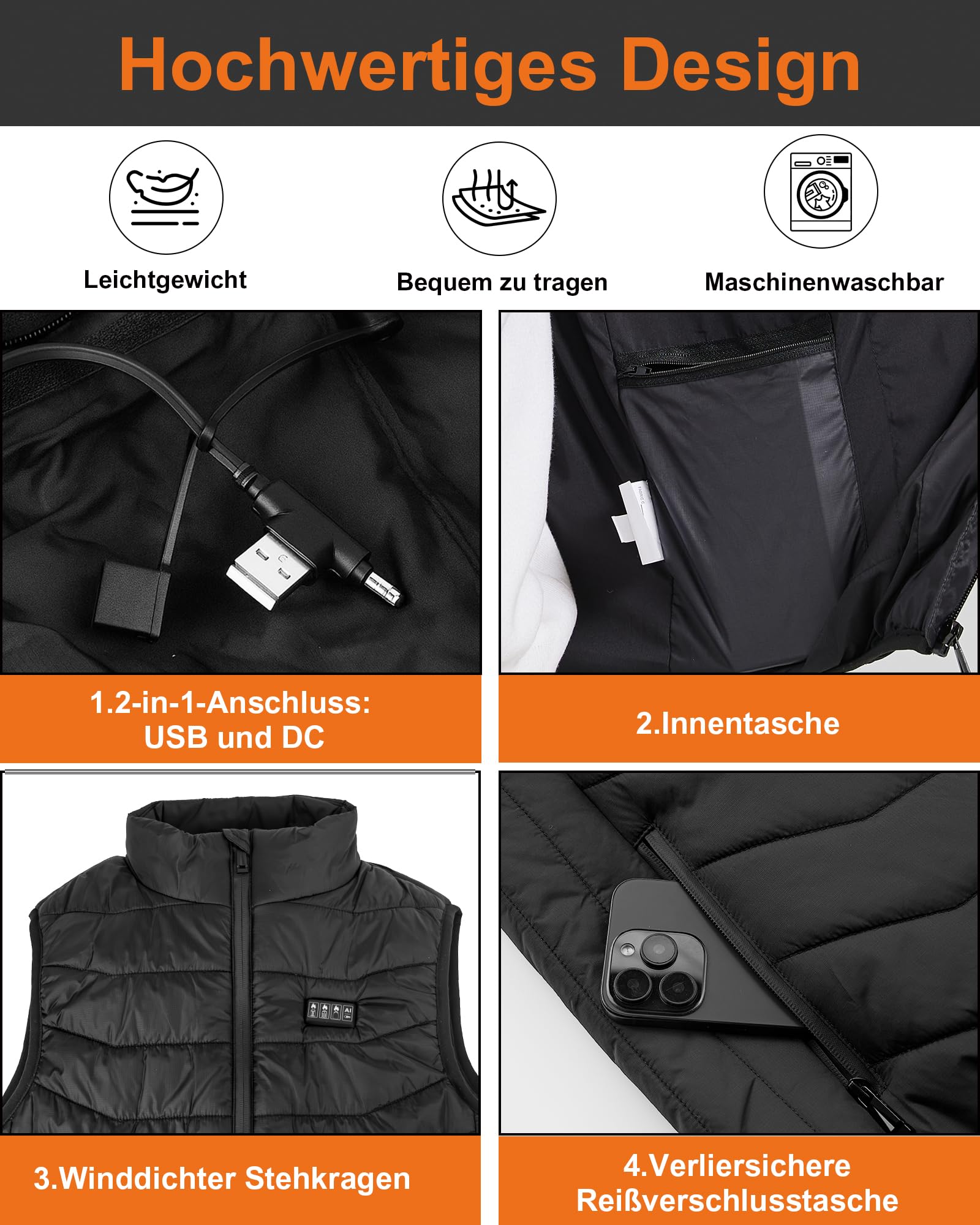 Beheizbare Weste Herren und Damen with 26 Heizbereiche – Heizweste with Kompatibel mit 5V/7.4V, schnelles Aufheizen, 4 Steuerzonen–Ohne Akku