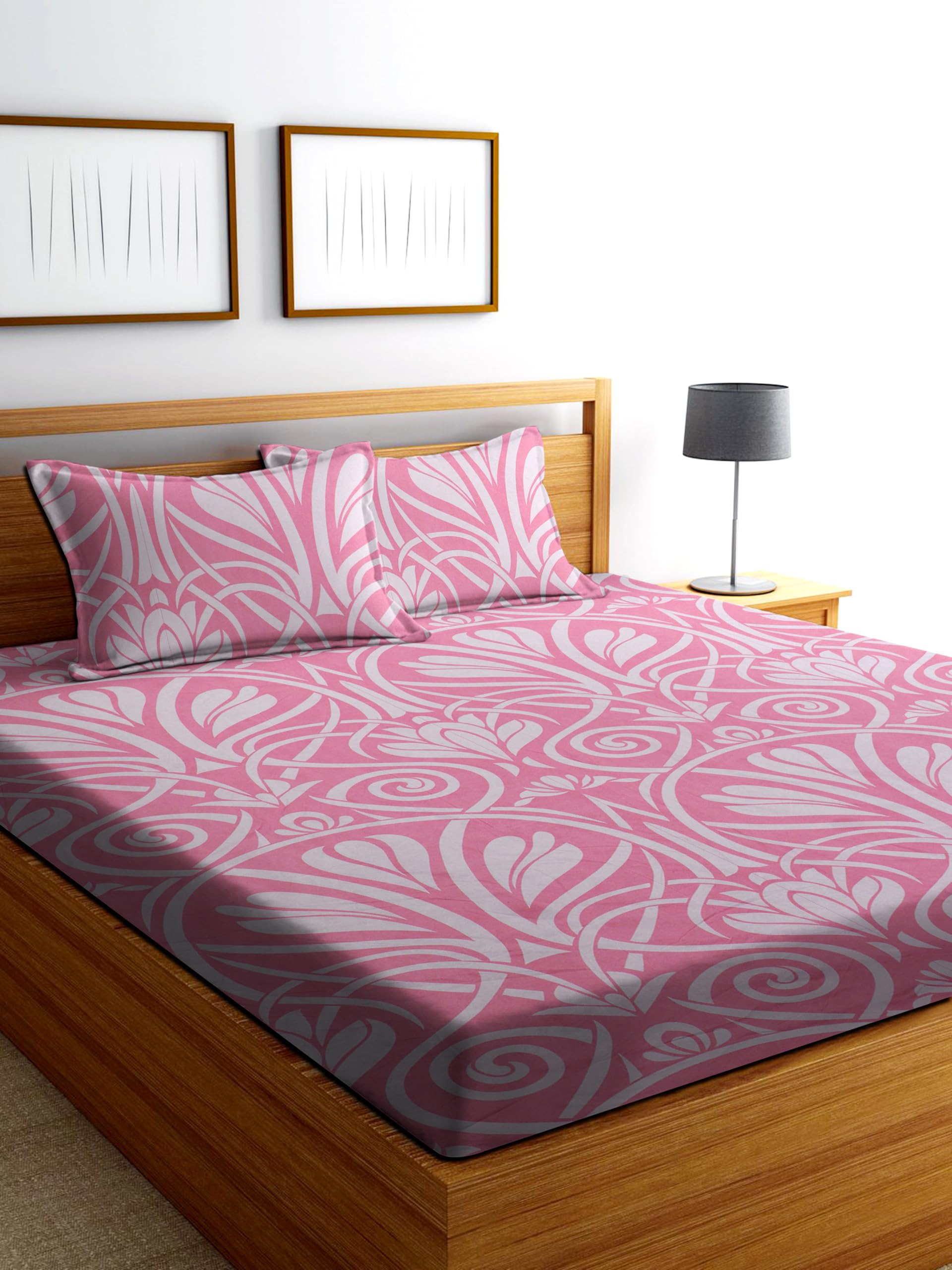 DECORUM Glace Cotton Fitted Bedsheet King Size (72"x78")| All Around Elastic| Cotton Feel| 2 Pillow Covers (17"x27")| Fits Up to 8" Mattress| 220 TC|Soft, Wrinkle-Free| Floral Print-Baby Pink