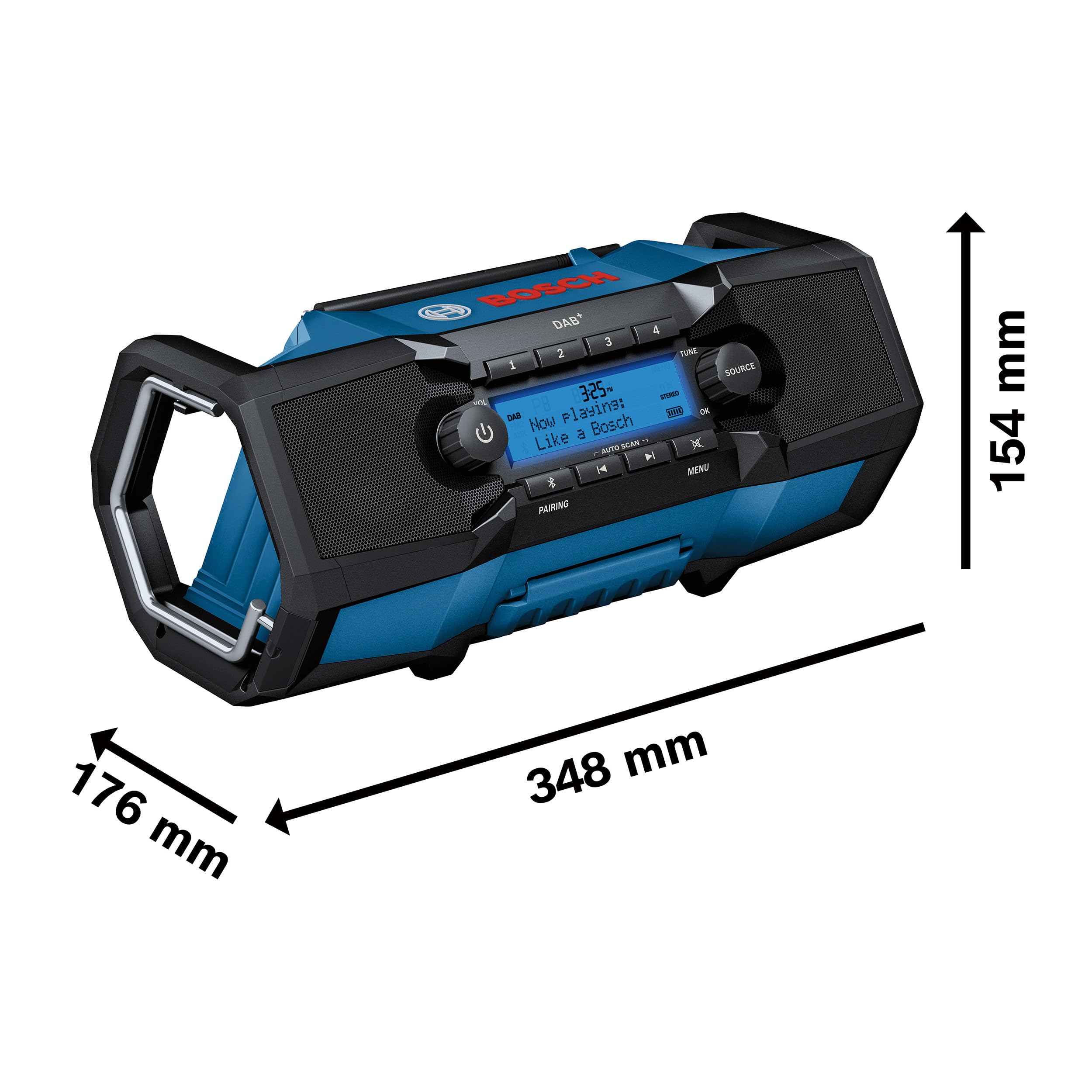 Bosch Professional 18V System Radio de Chantier sans-Fil GPB 18V-2 SC (réception Via Dab+, Bluetooth, FM et AUX, avec 1 Bloc Secteur, 1 câble AUX, 1 Pile Bouton au Lithium de 3V CR2032)