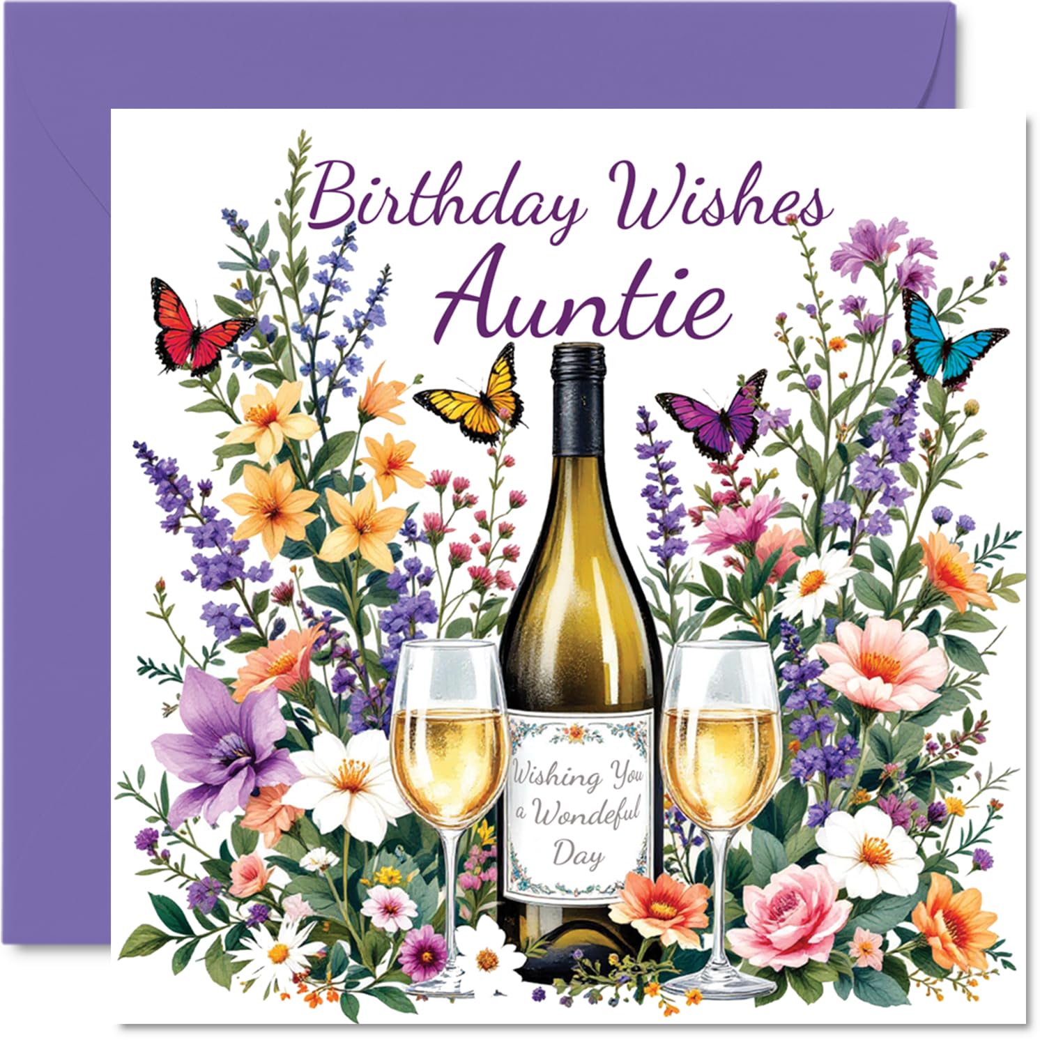 Auntie Birthday Card - Flowers & Wine - Happy Birthday Card for Auntie from Nephew Niece, 145mm Flowers & Wine Bday Greeting Cards