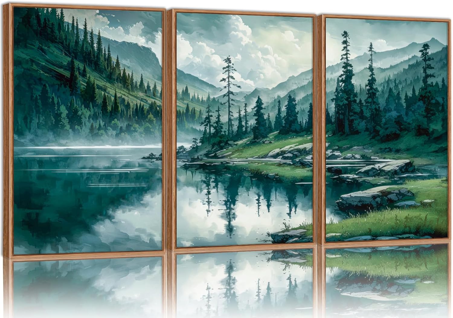 Tinonedraw Large Nature Forest Framed Canvas Wall Art Set, Boho Mountains Calming Lake Wall Decor, Green Pine Trees Artwork, Northern Wilderness Art Painting for Living Room Bedroom Office 16"x24"x3 Mountain Forest 16L" x 24W"