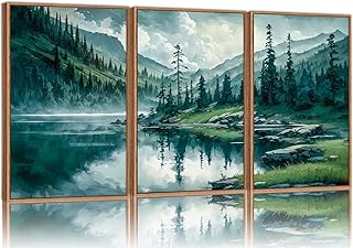 Tinonedraw Large Nature Forest Framed Canvas Wall Art Set, Boho Mountains Calming Lake Wall Decor, Green Pine Trees Artwork, Northern Wilderness Art Painting for Living Room Bedroom Office 24"x36"x3