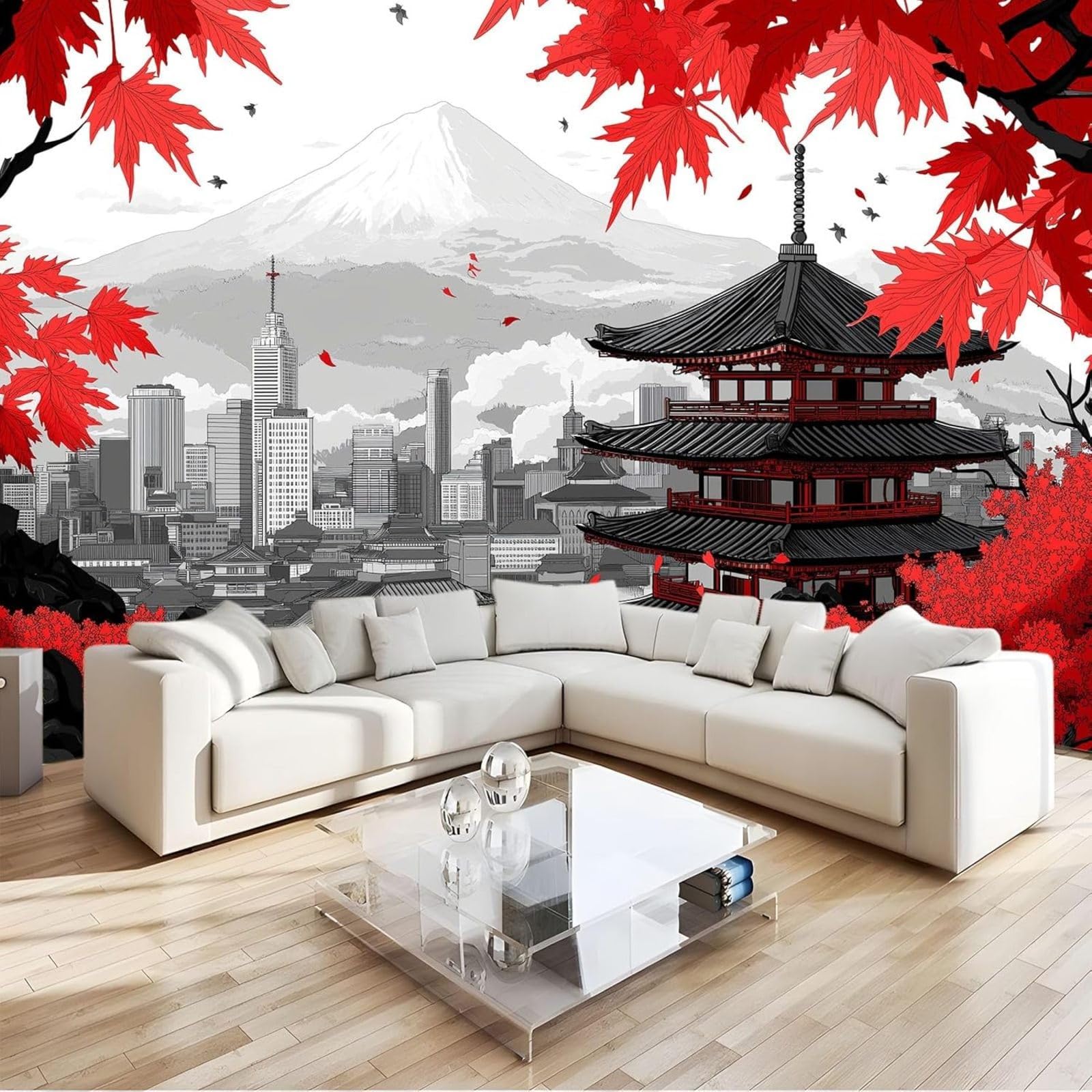 kfjhgbdshhj Photo Wallpaper of a Temple Landscape Made of red Maple, Modern wall Wallpaper for bedrooms and Living Rooms, Grey, 200cm x 140cm