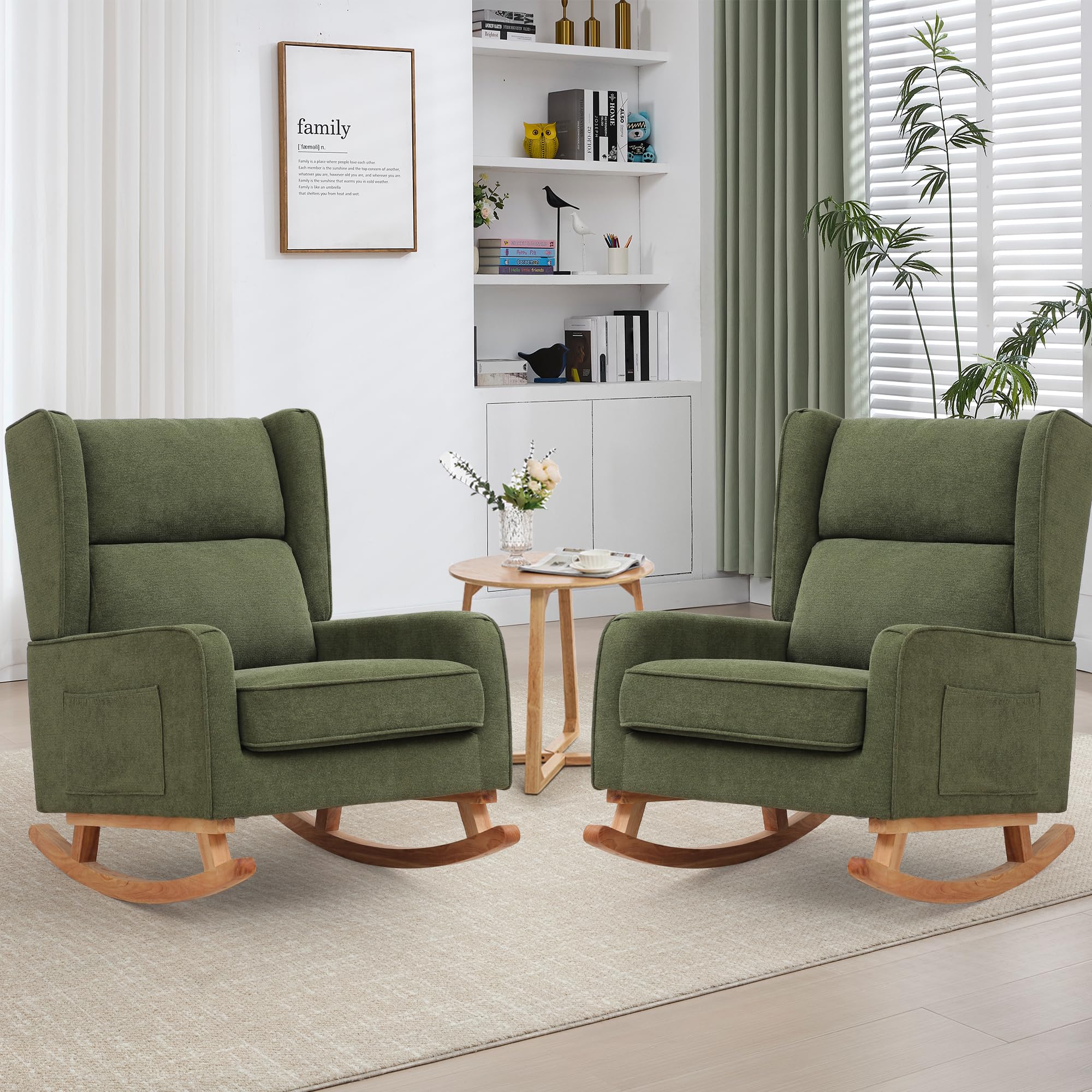 HCHAIRH Nursery Rocking Chairs, Rocking Chair Nursery for Mom Nursery Rocker with High Backrest and Solid Wood Legs, Modern Wingback Accent Chair Set of 2, Green