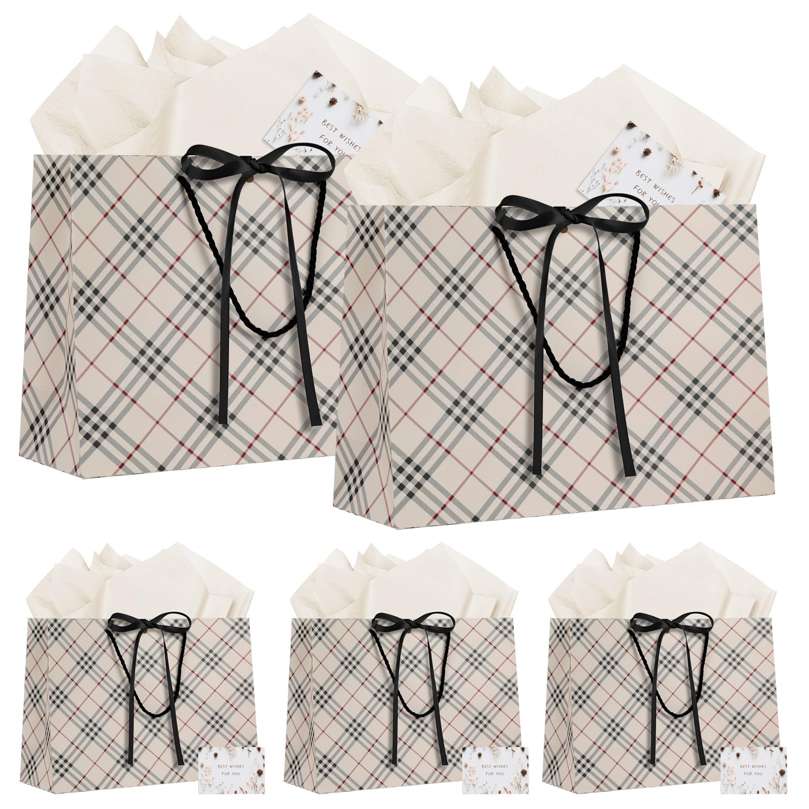 LVNRIDS 5 Piece Gift Bag Large with Handle, 32x11x25cm Gift Bags with ribbons 5 Greeting Cards 5 Tissue Paper, Gift Bags for Wedding Birthday Party Christmas Thanksgiving Presents Brown