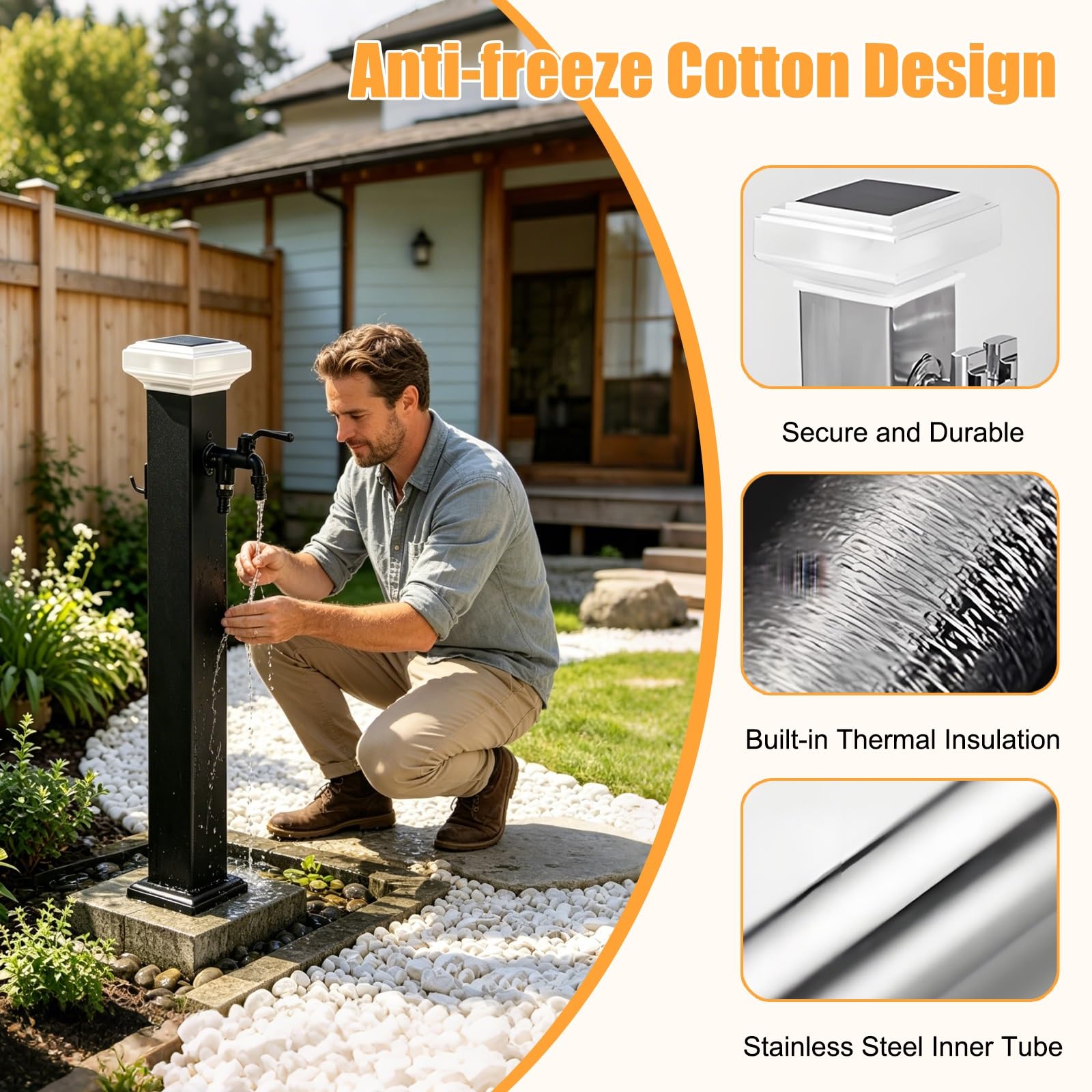 Grifo Exterior con Lámpara Solar, Grifo Exterior Independiente de Acero Inoxidable 304, para Jardín, Terraza, Césped, Lavado de Mascotas(Grey,60cm/23.6in)