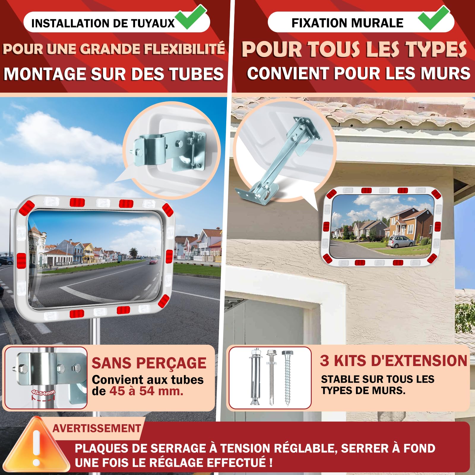 moveland Miroir de Circulation 60 x 40 cm, Miroir Convexe en Acrylique | Support métal réglable à 90°, montage mural ou sur poteau, bandes réfléchissantes, pour garage, allée et parking