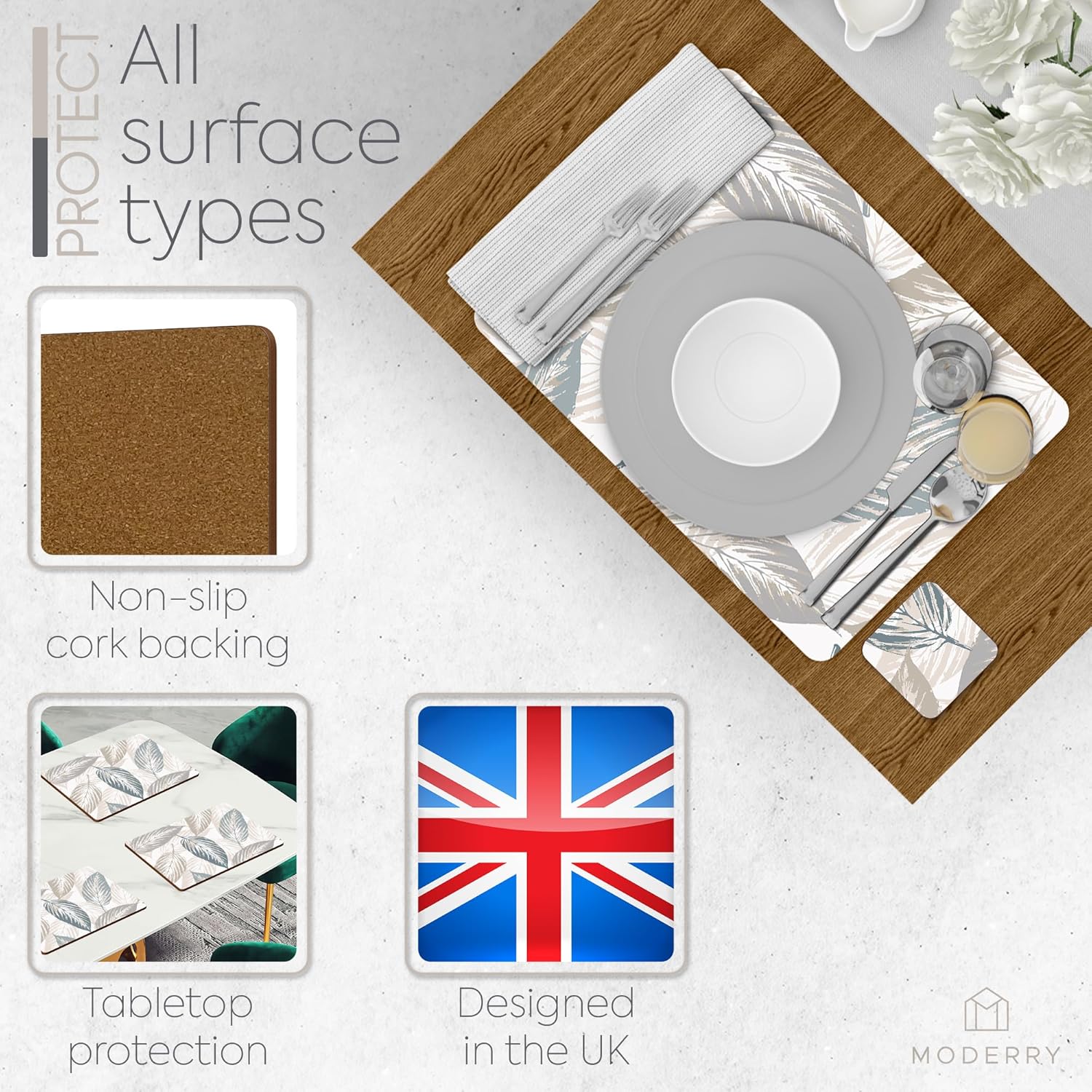 Set of 4 Heat Resistant Cork Placemats for Dining Table with Free Set of 4 Matching Drink Coasters Marble Design 16 x 12 Inches Cork Backed Hard Placemats (Farmhouse Rustic Leaves)