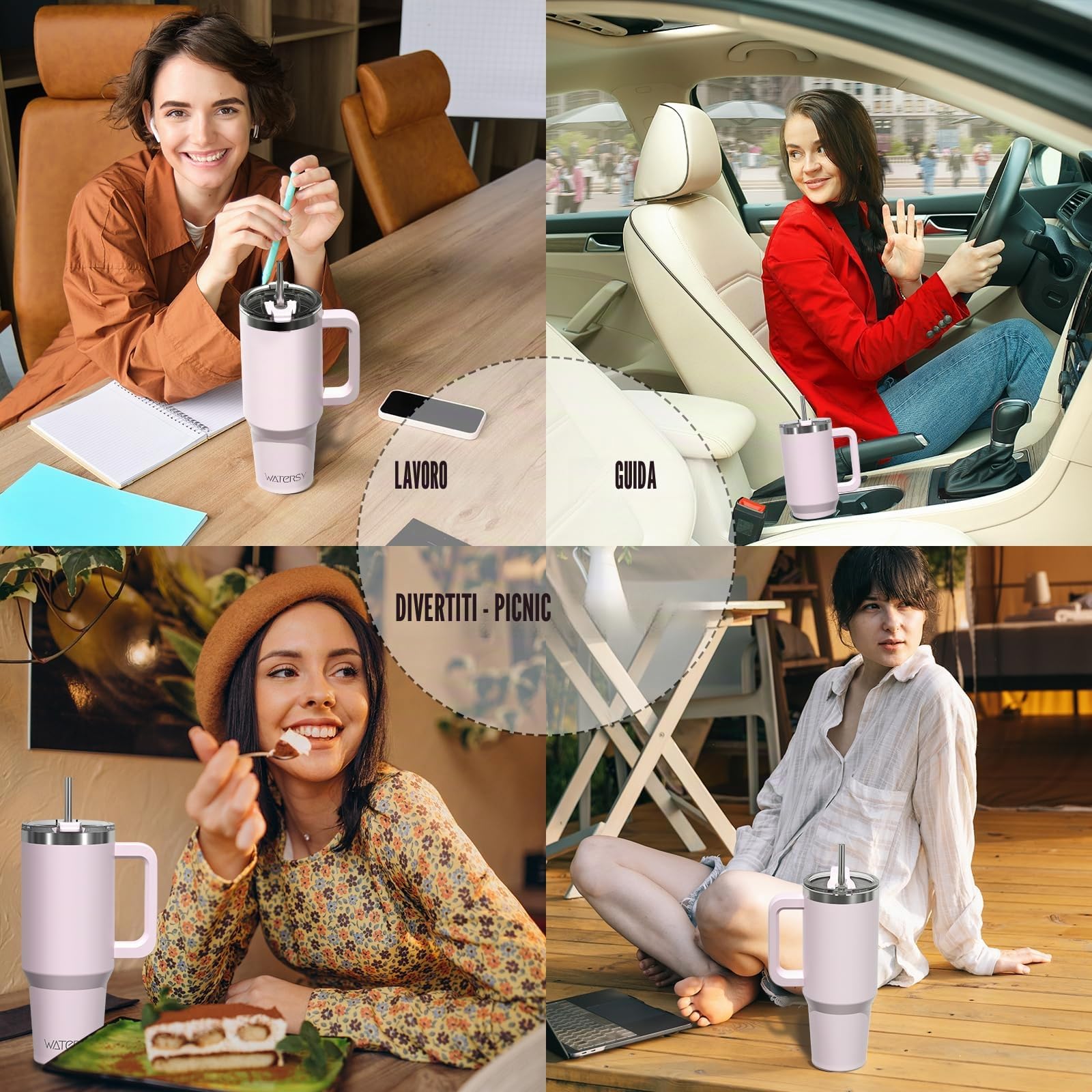 WATERSY 1.2L Bicchiere Termico con Manico, 40 oz Grande Tazza Termica in Acciaio Inox, Tazza da Caffè con Cannuccia, Thermos per Acqua Doppia Parete, per Palestra, Auto e Viaggio (Rosa Chiaro)