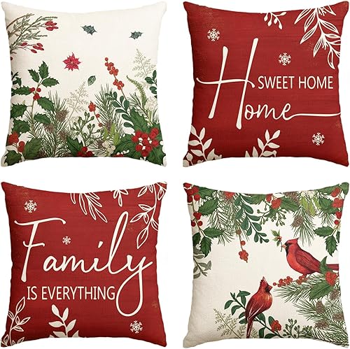 AVOIN colorlife Juego de 4 fundas de almohada de Navidad Cardinal Home Sweet Home Poinsettia Holly Berries, 20 x 20 pulgadas, Family is Everything