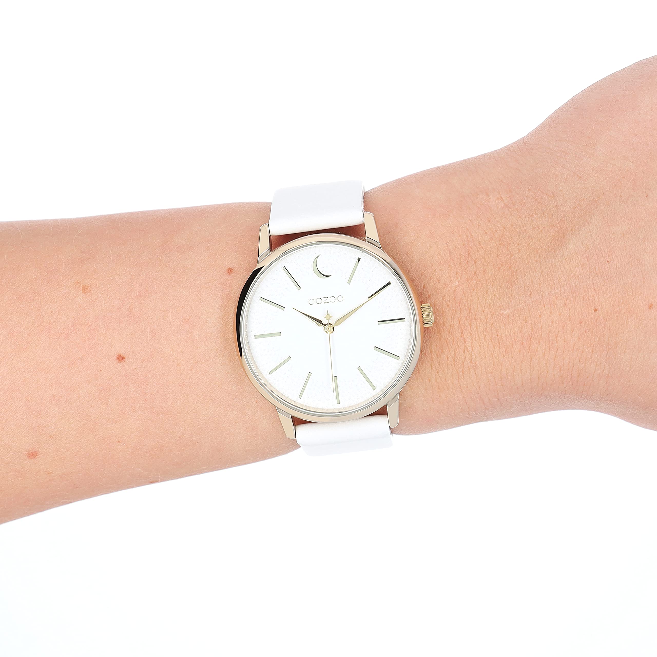 Oozoo Timepieces Orologio da donna in oro bianco,Orologio da polso da donna con cinturino in pelle,Elegante orologio analogico da donna in rotondo C11156, bianco/oro