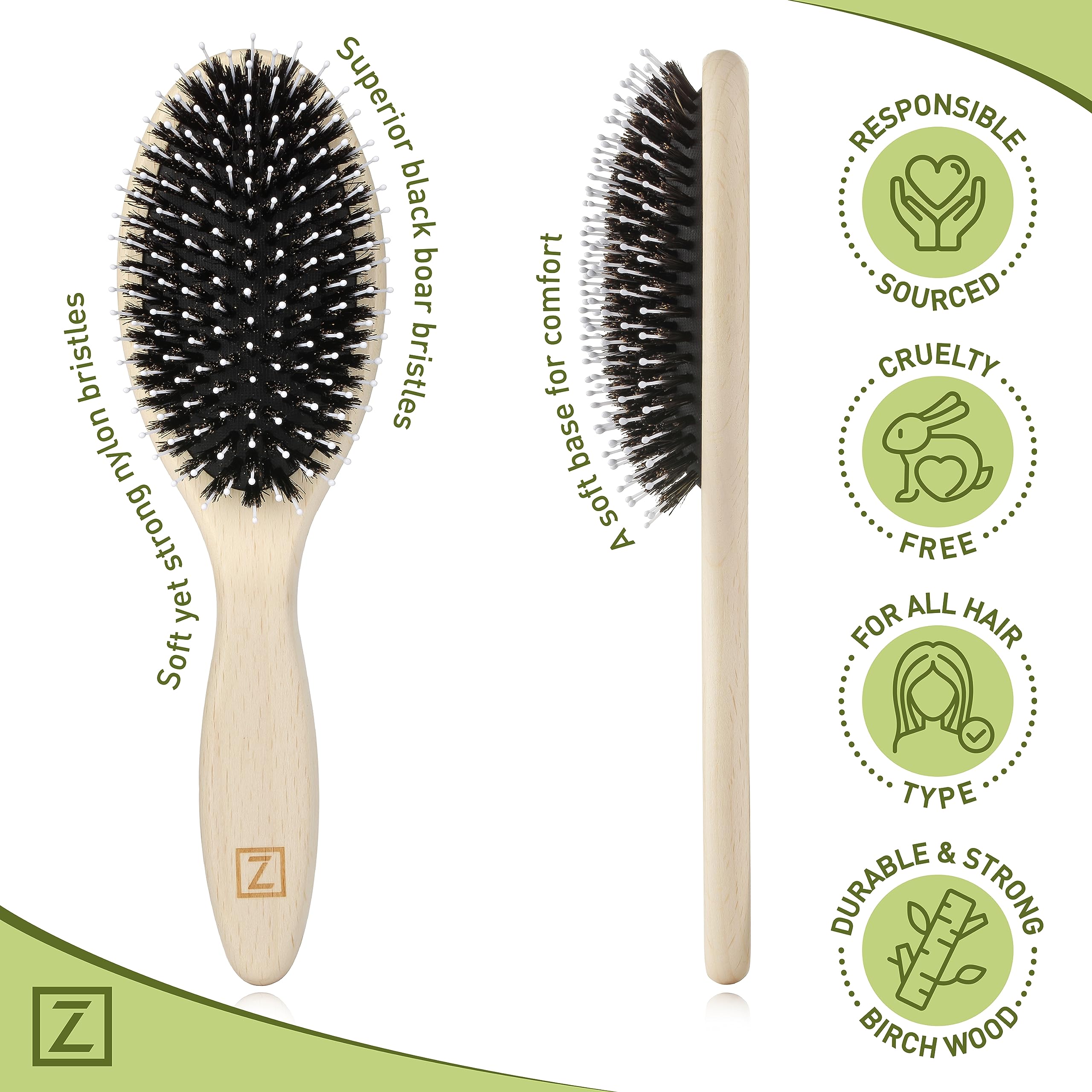 Cepillo de cerdas de jabalí naturales para mujeres, hombres, niños; cepillo para desenredar el cabello seco y húmedo mejora suavemente el brillo, suaviza el encrespamiento y evita roturas en cabello
