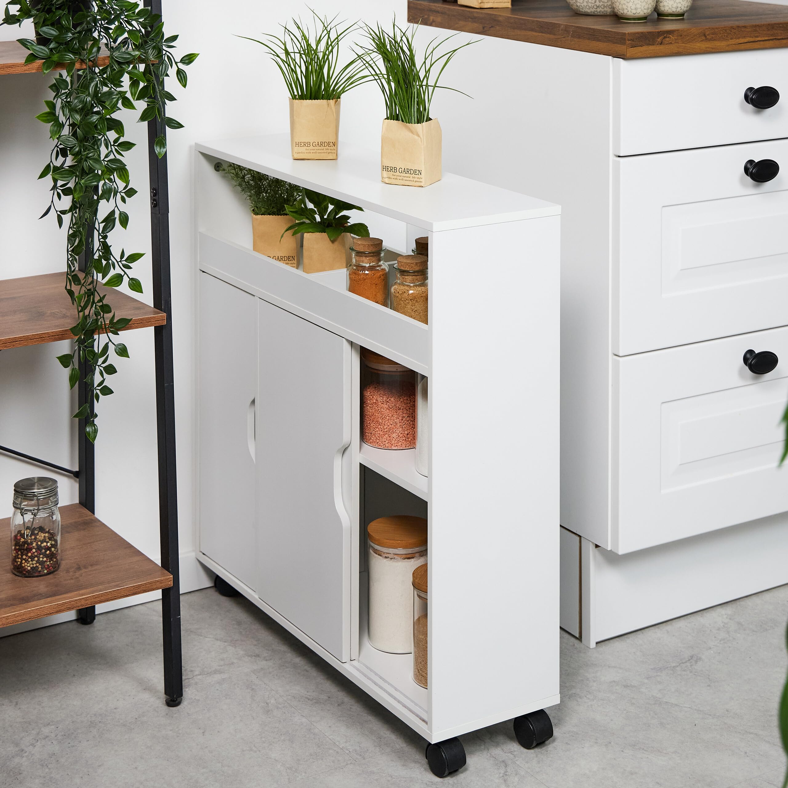 Relaxdays Carrito Auxiliar Estrecho, Armario Puertas Correderas, 71,5 x 70 x20 cm, Mueble Baño y Cocina, MDF, Blanco
