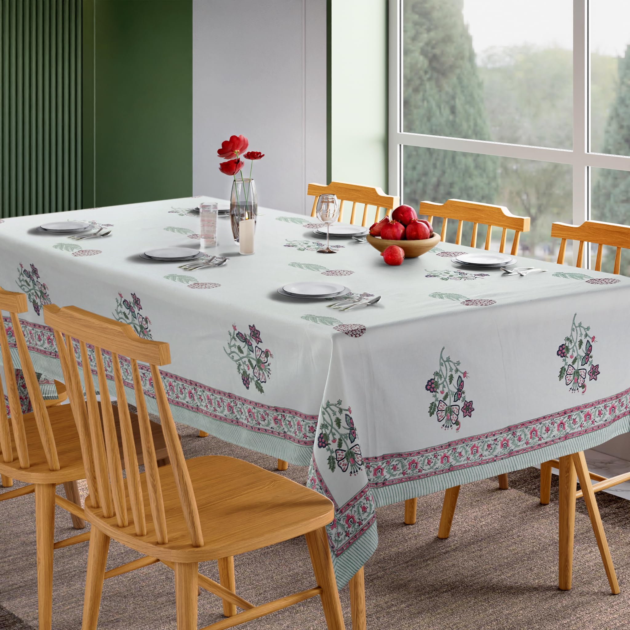 NIRVELLA Rectangle Table Cloth - Cotton Linen Block Print Tablecloth - 60x108 Inch 8 Seater - Boho Farmhouse Decor Indoor Outdoor Picnic Party Banquet Wedding Dining- Provence Meadow (White Green Red) 2