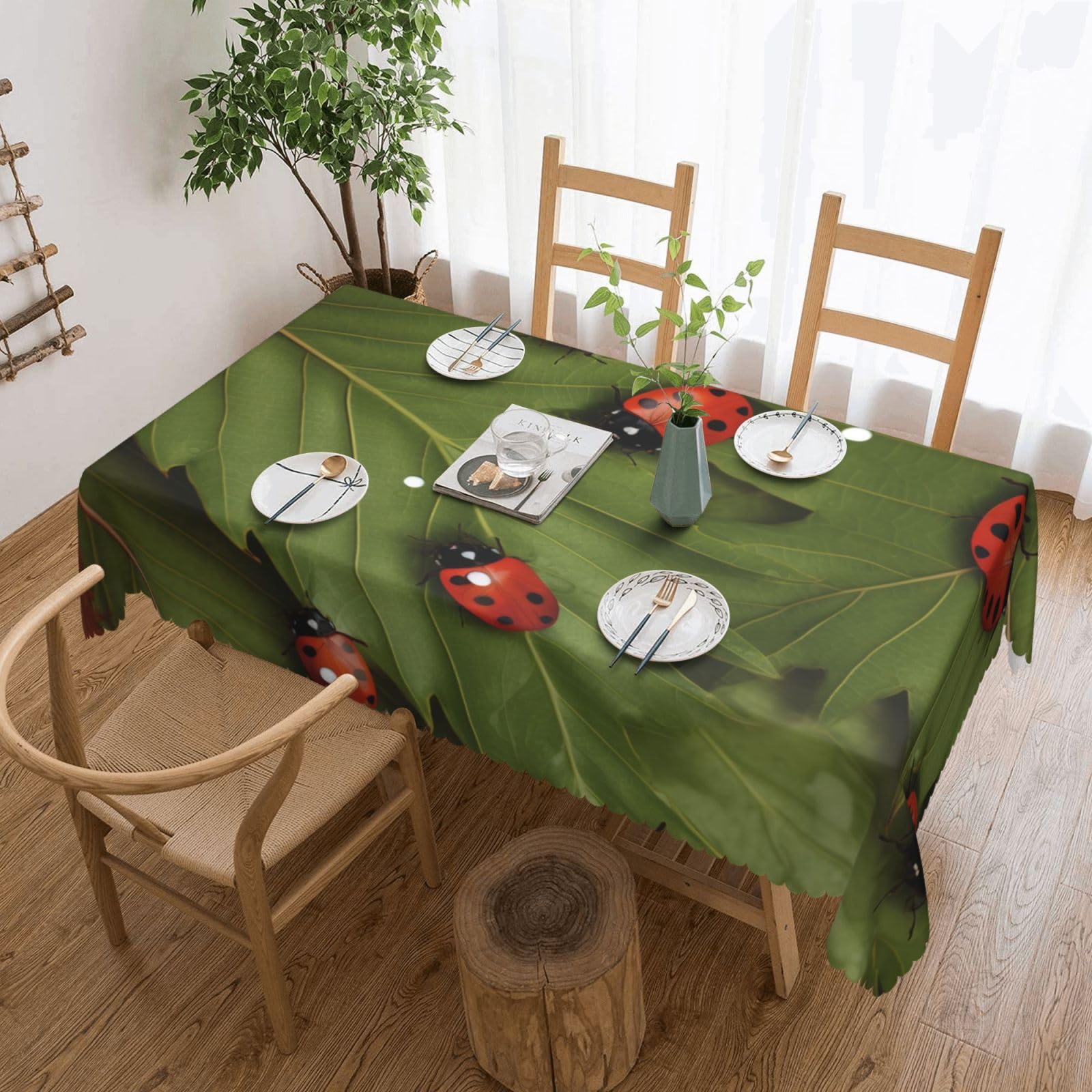 WPKJU Leaves and Ladybugs Printed Rectangle Tablecloth 72x54 Inch with Lace Trim, Water-Resistant Washable Table Cover for Farmhouse Weddings, Outdoor Picnics & Holiday Dining