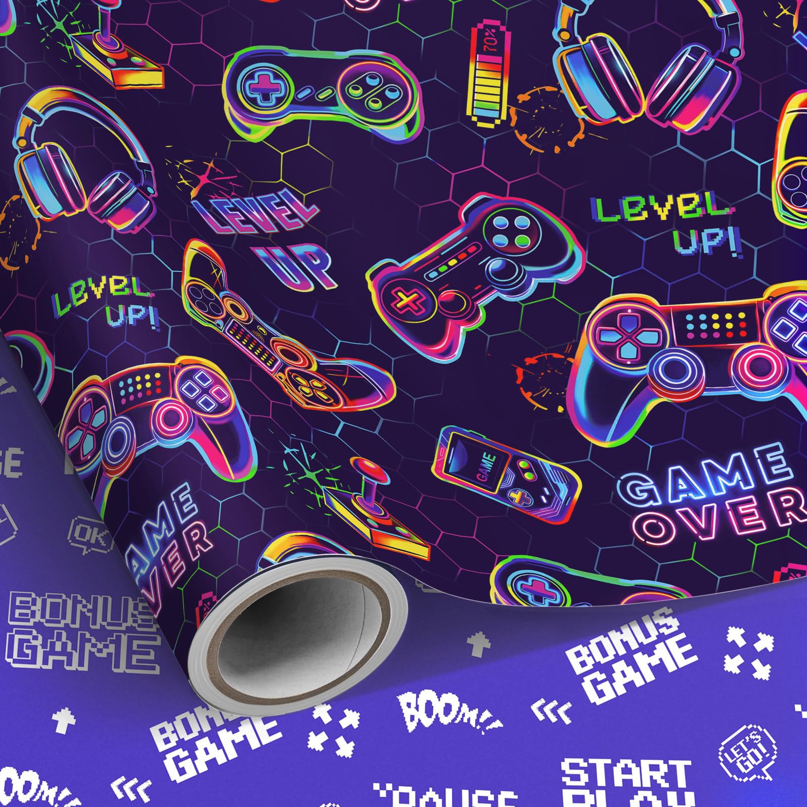 SHUCHING Gaming Wrapping Paper Roll - 43 cm x 10 m, Reversible Game Controller and Pixel Design Gift Wrap for Kids, Boys, Gamers, Birthdays, Parties and Celebrations