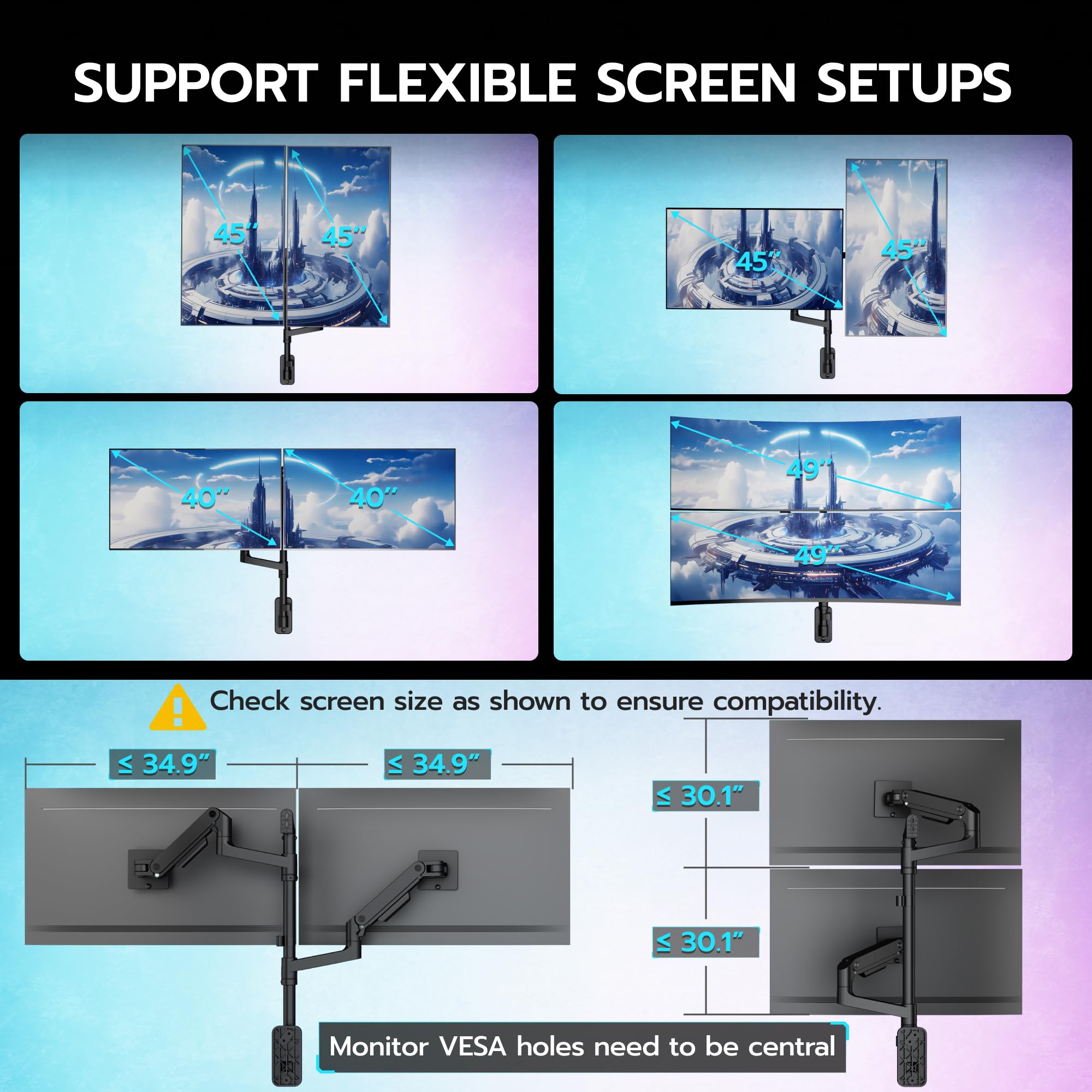 ARES WING Supporto da parete per 2 monitor Ultra Wide 17-49",Nero | 20 kg/braccio, molla a gas PC, monitor Hatlert, parete completamente regolabile, per ufficio e giochi, VESA 75/100