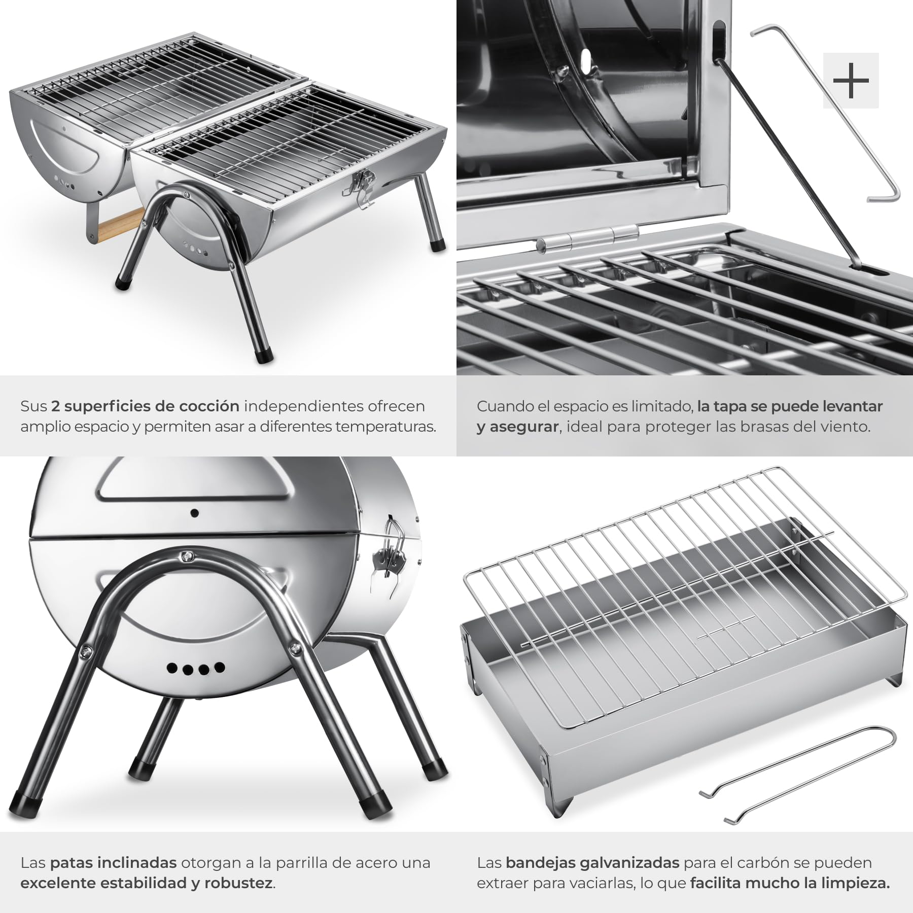 tectake® Parrilla Acero Inoxidable Portátil, Doble Zona, 2 Bandejas