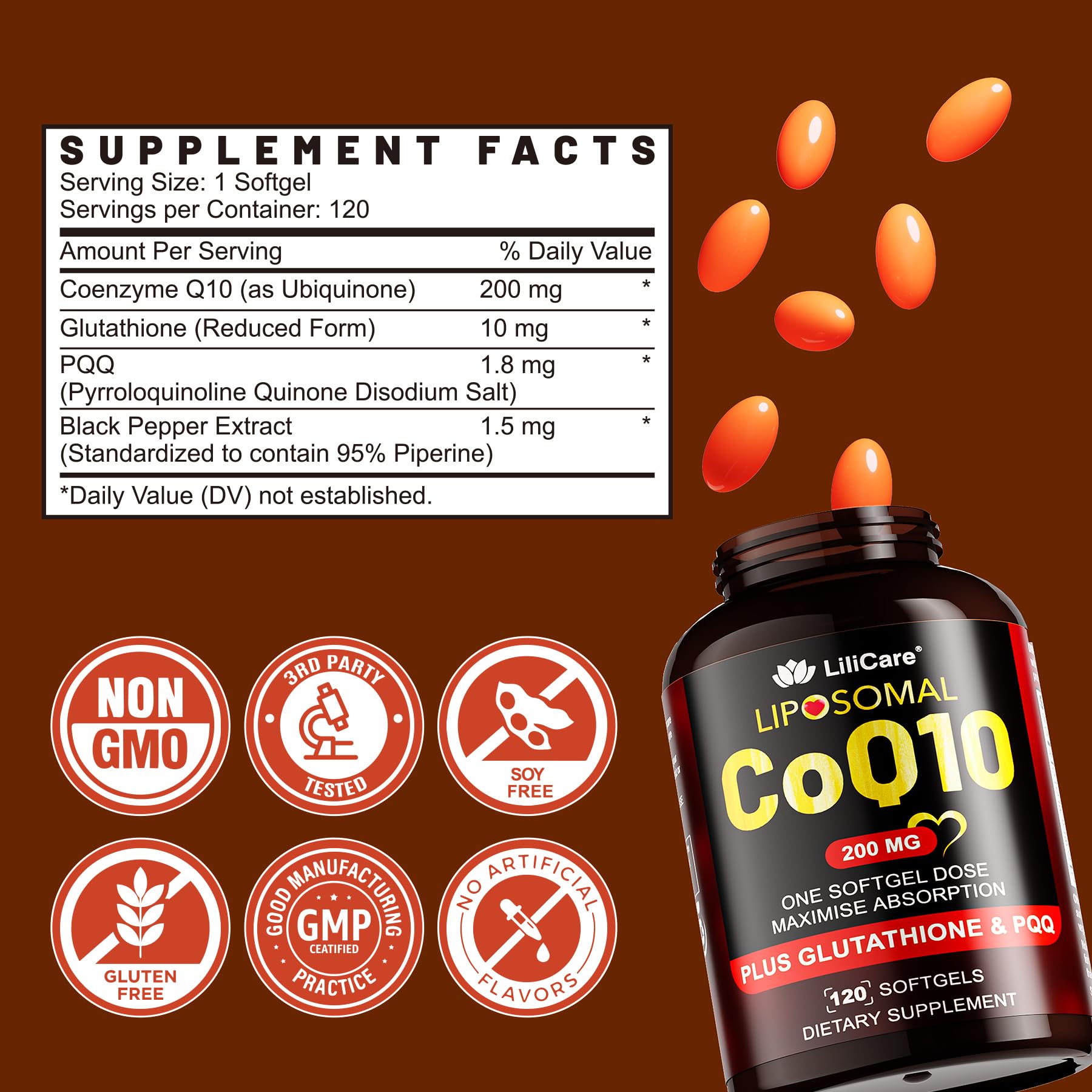LILICARE CoQ10 200mg Softgels with PQQ & Black Pepper Extract, 120 Servings — Amazon image 2