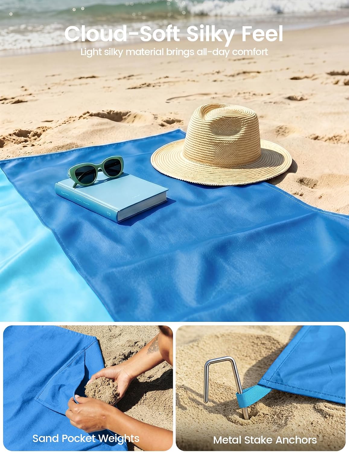 Lamicall Beach Blanket Sandproof Waterproof - [Lightweight & Oversized] Sand Free Beach Mat with Metal Stakes & Compact Attached Pouch, Quick Dry Outdoor Blanket for Picnic, Camping & Vacation