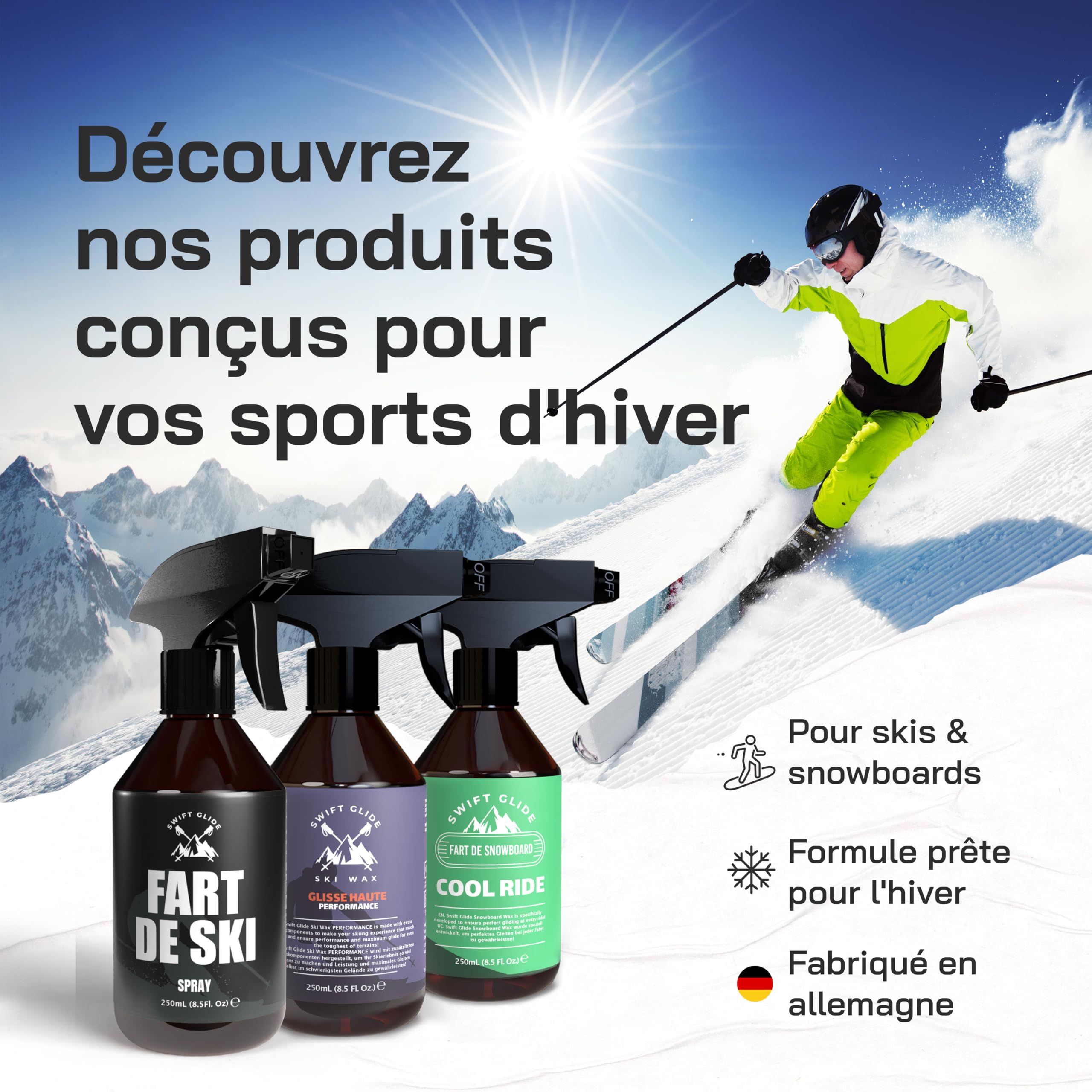 Fart Ski Wax 250ml Cire Universelle Liquide 100% Végétale Ski Alpin Skis de Fond Snowboard Fartage Ski Fabriqué en Allemagne