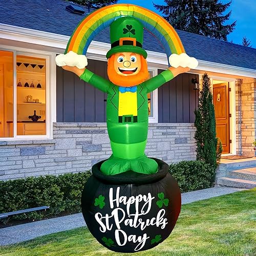 Miniatura 7 de TOCZIM Inflables gigantes del día de San Patricio de 8 pies para decoración al aire libre, duende de pie en maceta dorada, decoración de patio con