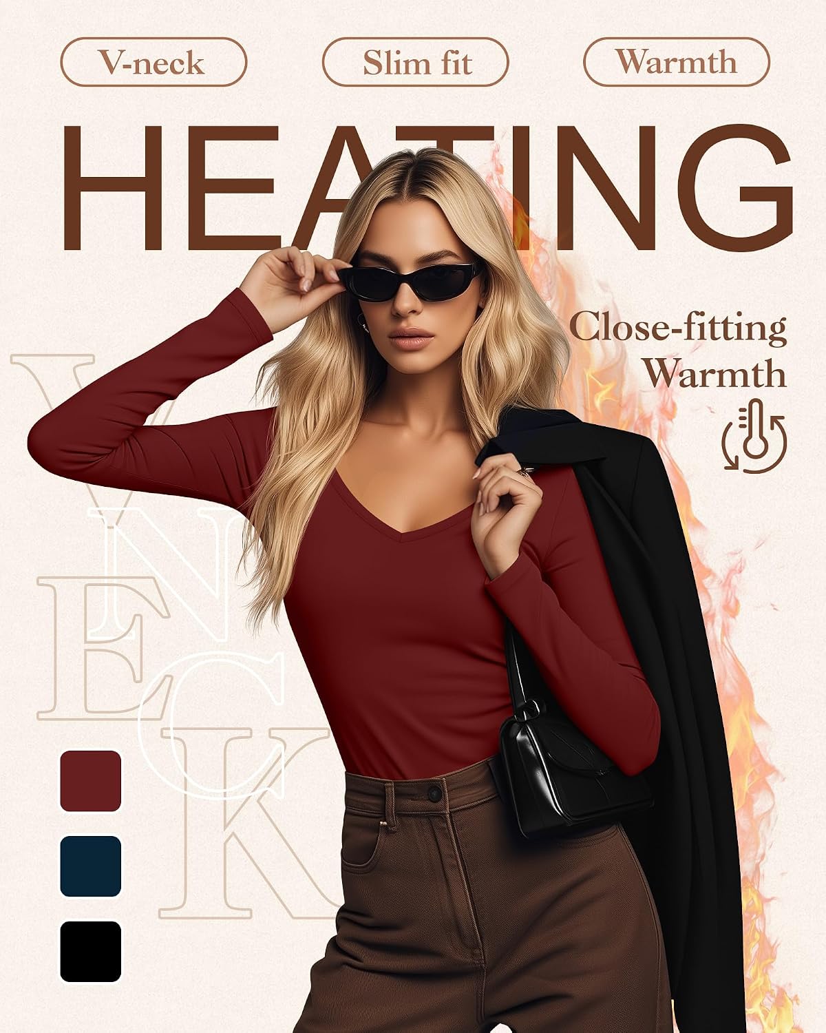 3 Pack Women's Thermal Shirts Long Sleeve V Neck Fleece Lined Undershirts Slim Fit Basic Tops Fall Winter Clothes