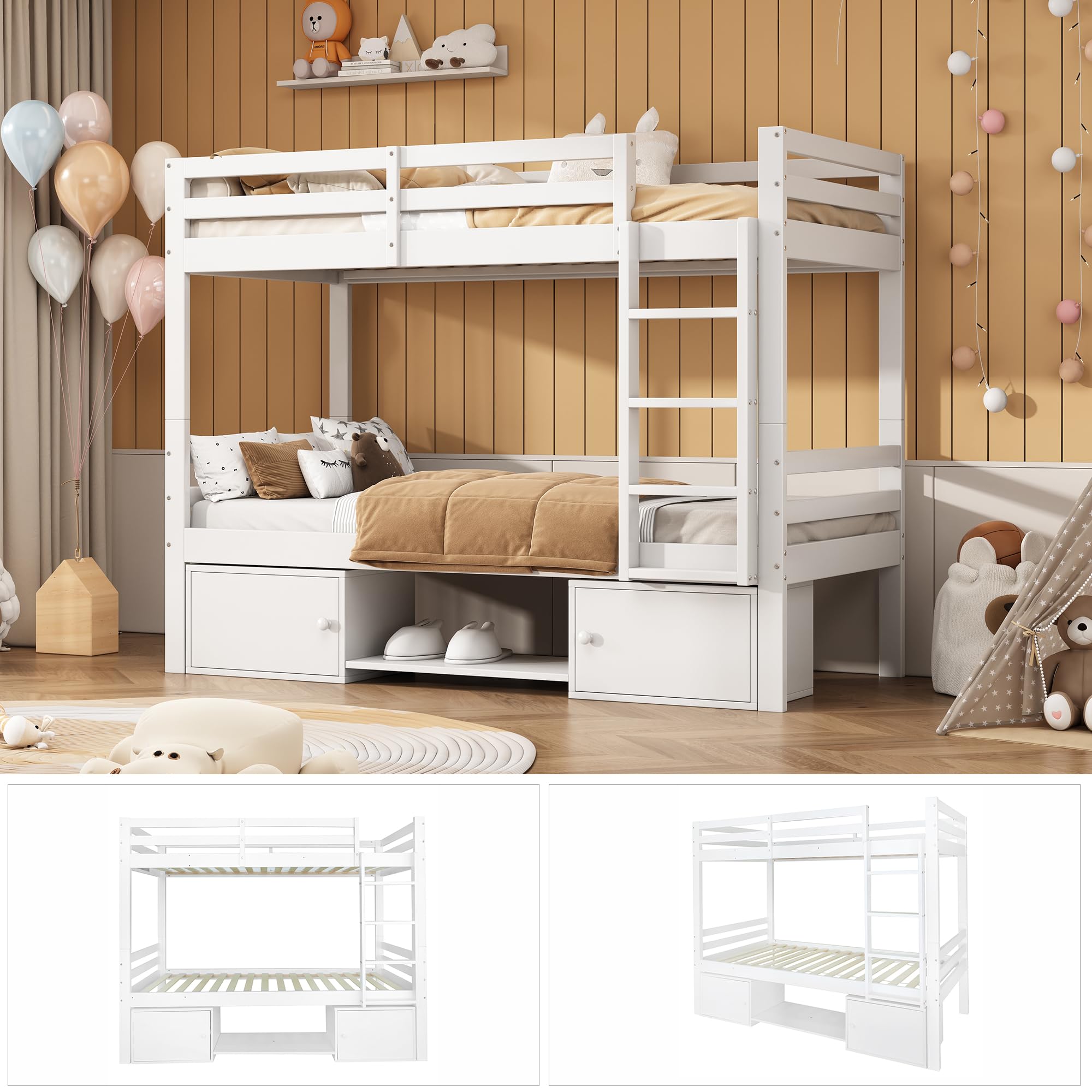 Literas de 90x200 con Zapatero y Armario, Litera Infantil con Escalera y Protección contra Caídas, Cama Litera Matrimonio Convertible en 2 Cama Individual, Blanco A, Sin Colchón