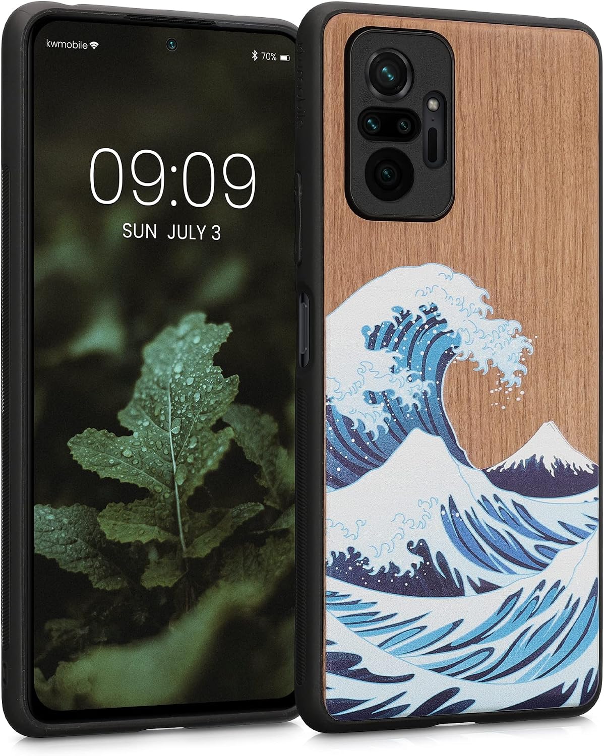 kwmobile Wood Case Compatible with Xiaomi Redmi Note 10 Pro Case - Cover - The Great Wave Blue/White/Brown