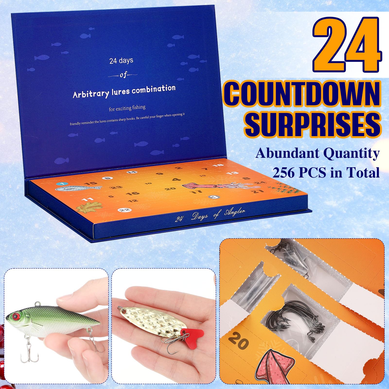 Hollowfly 2 Pack Christmas Fishing Advent Calendar 24 Day Fishing Lure Advent Calendar 256 Pcs Gear and Equipment Set 2024 Xmas Gifts for Adults Men