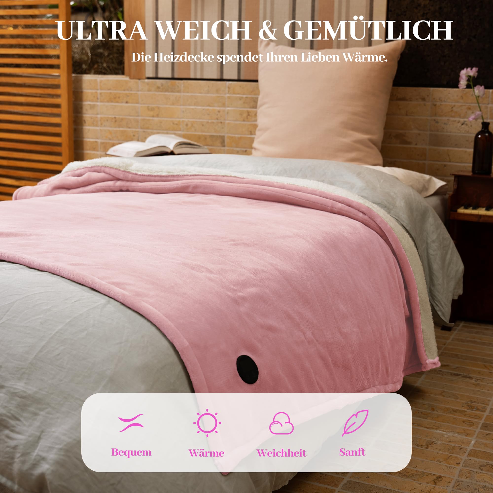 GOTCOZY Wärmedecke Heizdecke 130x180 cm – Ein Knopf Wärmedecke Elektrisch mit 10 Heizstufen & 9-Stunden-Auto-Off-Timer, Waschbare Heizdecke (Rosa)