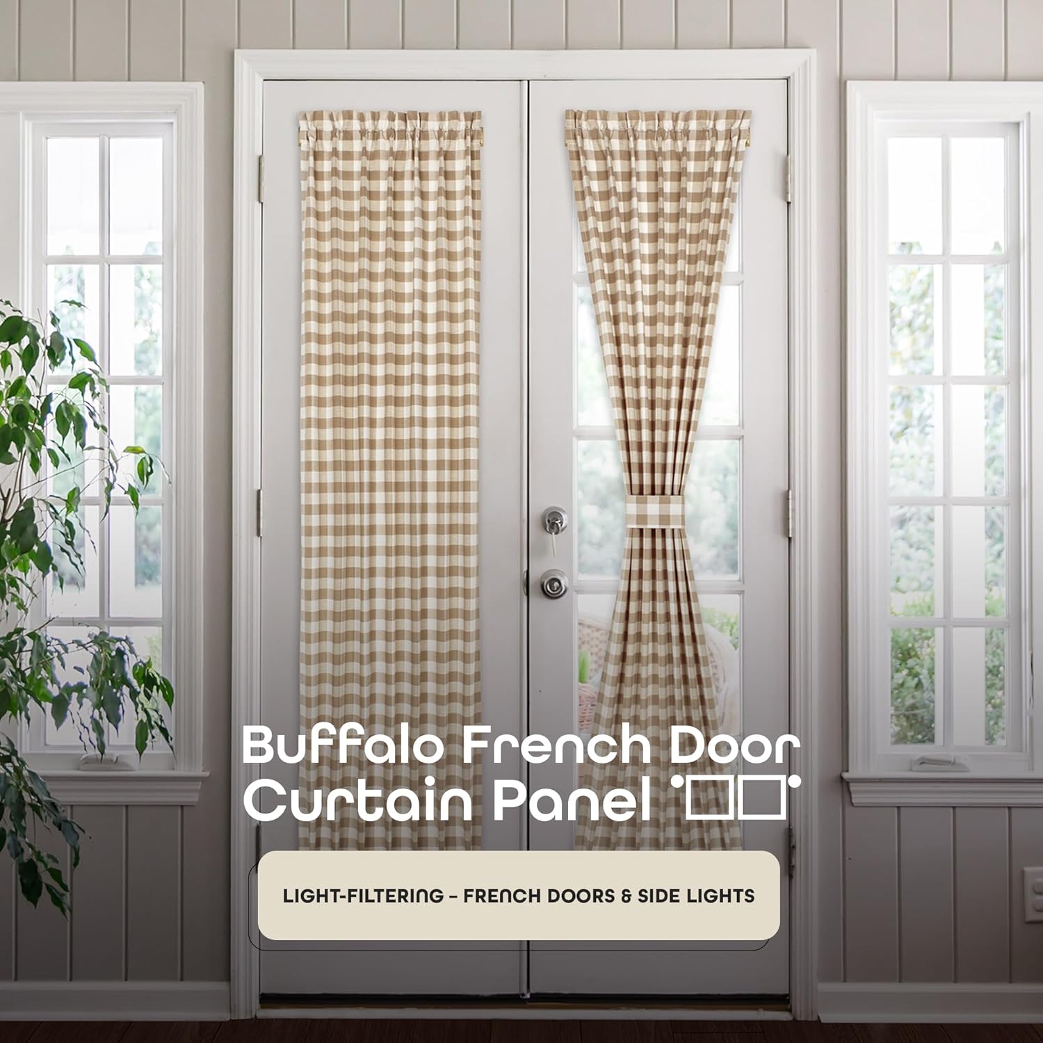 Light Filtering French Door Curtain Panel - 25" x 72"- Sidelight Window Coverings with Adjustable Tieback for Living Room, Patio & Front Doors - Machine Washable Drapes - Buffalo Check Taupe