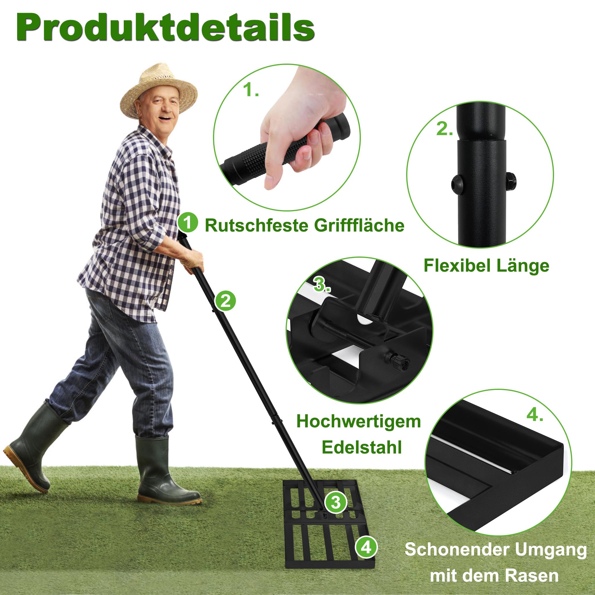 Lawn Leveling Rake Rasqueta de 75 x 25 cm, color negro, rastrillo de nivelación ajustable de 95,5 a 185 cm, con mango de acero inoxidable y mango de goma, rastrillo de césped, ideal para el