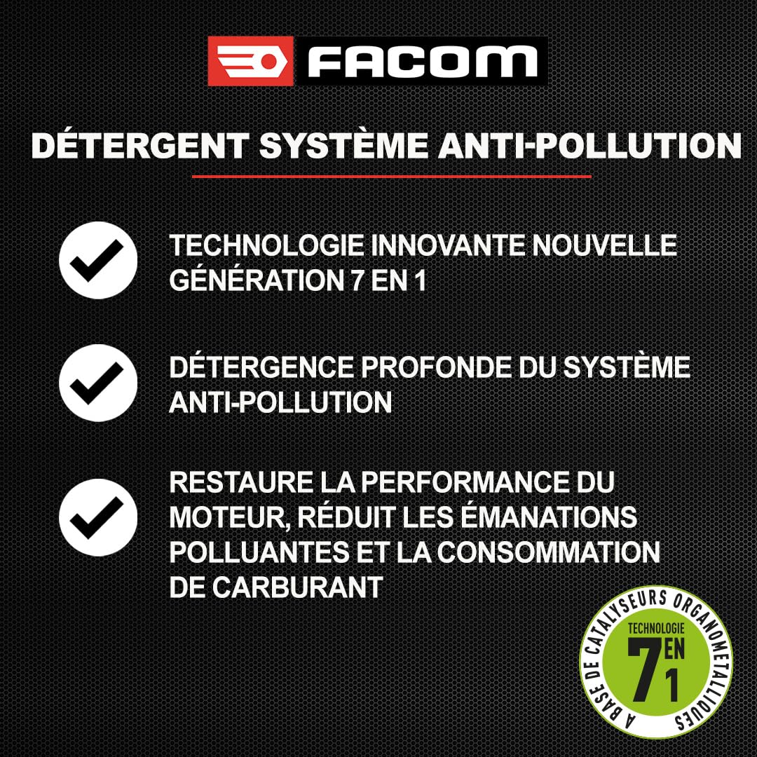 FACOM 006071 Détergent Système Anti-Pollution Essence 7 en 1 – Pompe d'injection, injecteurs, conduits d'admission, EGR, catalyseur d'oxydation– Formule Pro 1L