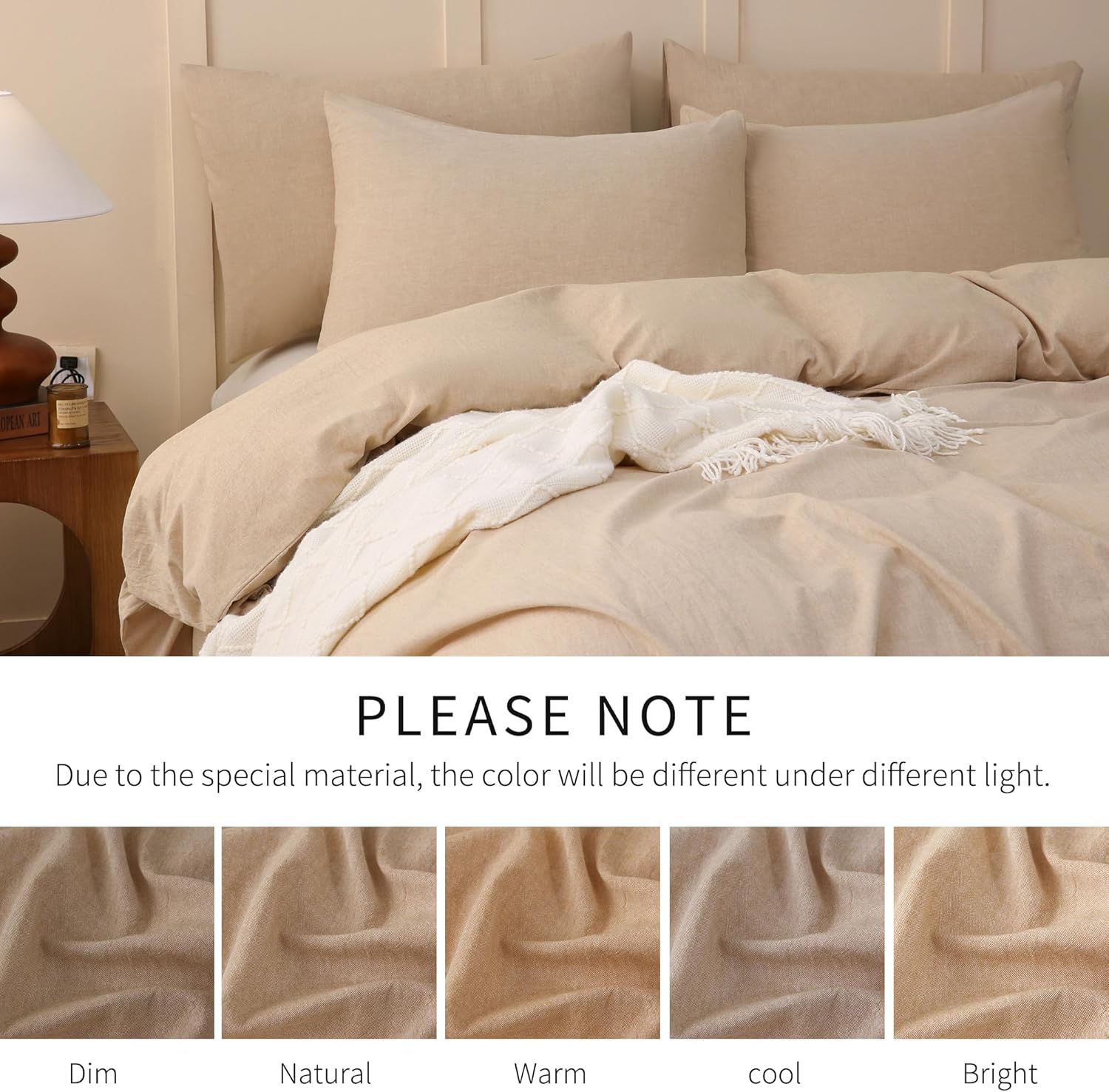 Queen Duvet Cover Set 3 Piece 100% Washed Cotton Linen Blend Soft Breathable All Season Bedding Set with Corner Ties & Hidden Zipper