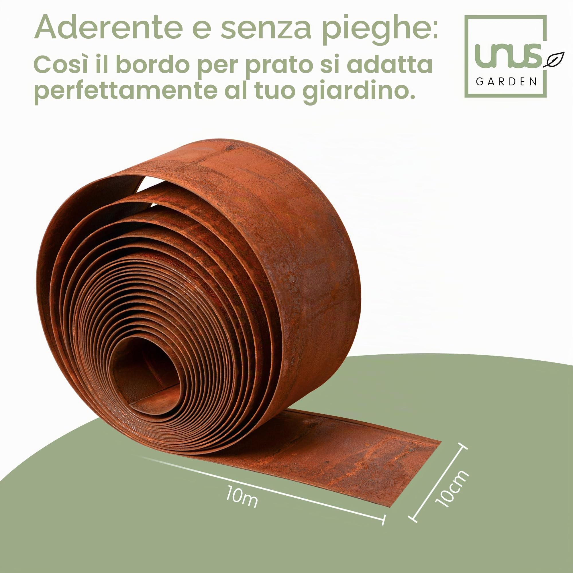 UNUS Bordo per prato, in acciaio corten, liscio, 10 m x 10 cm, flessibile, effetto ruggine, per aiuole, prati e sentieri