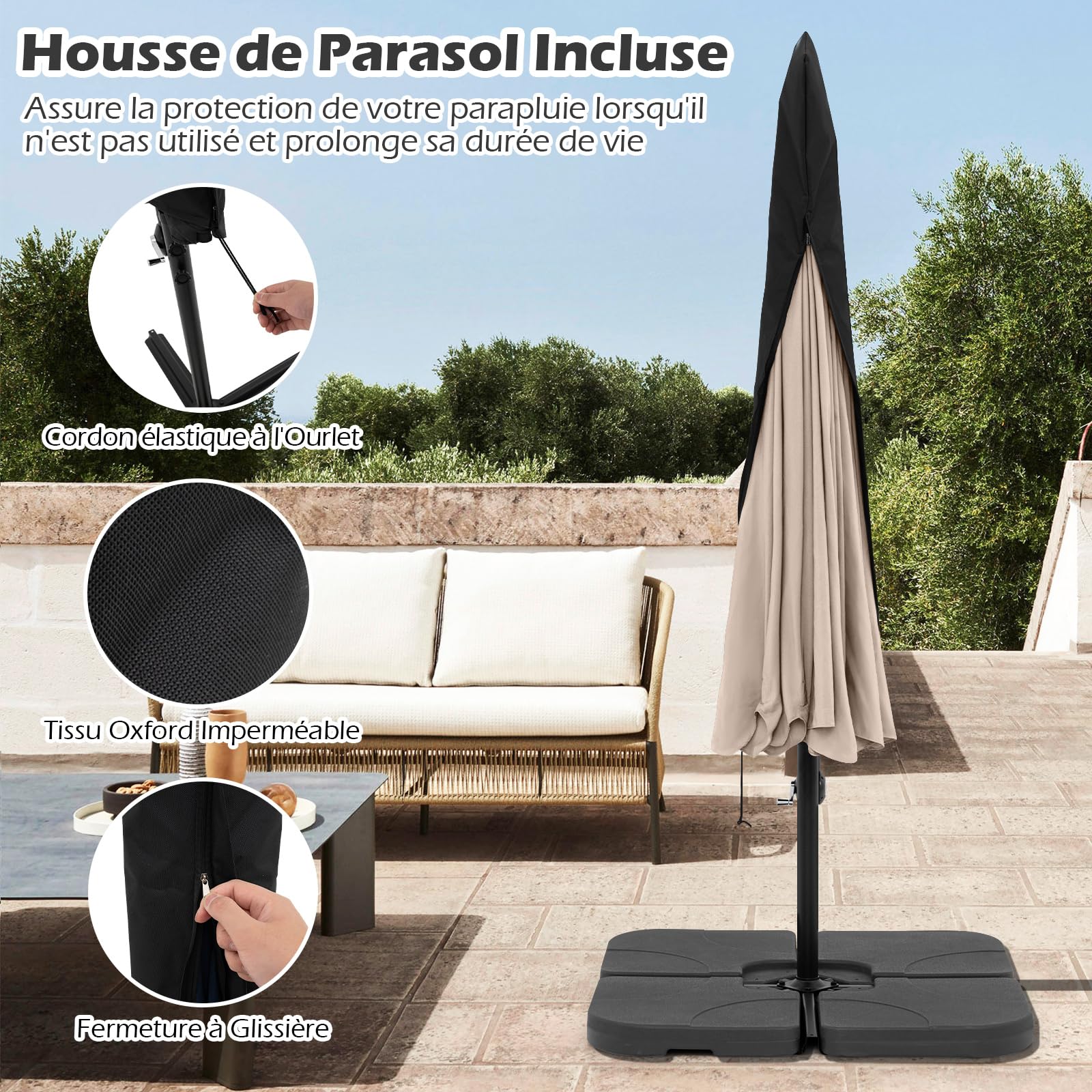 GOPLUS Parasol Déporté 3x3m avec Housse, Grand Parasol de Jardin Exterieur, avec Toile Inclinable 35°, Manivelle et 8 Baleines, pour Terrasse Balcon Patio (Beige)