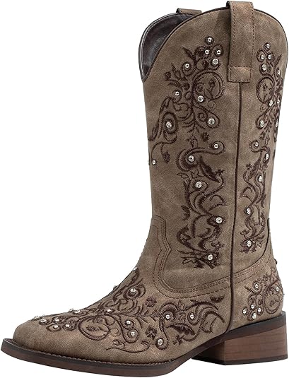 SheSole Womens Western Cowgirl Boots Fashion Rhinestone Square Toe Ladies Cowboy Boots Mid Calf