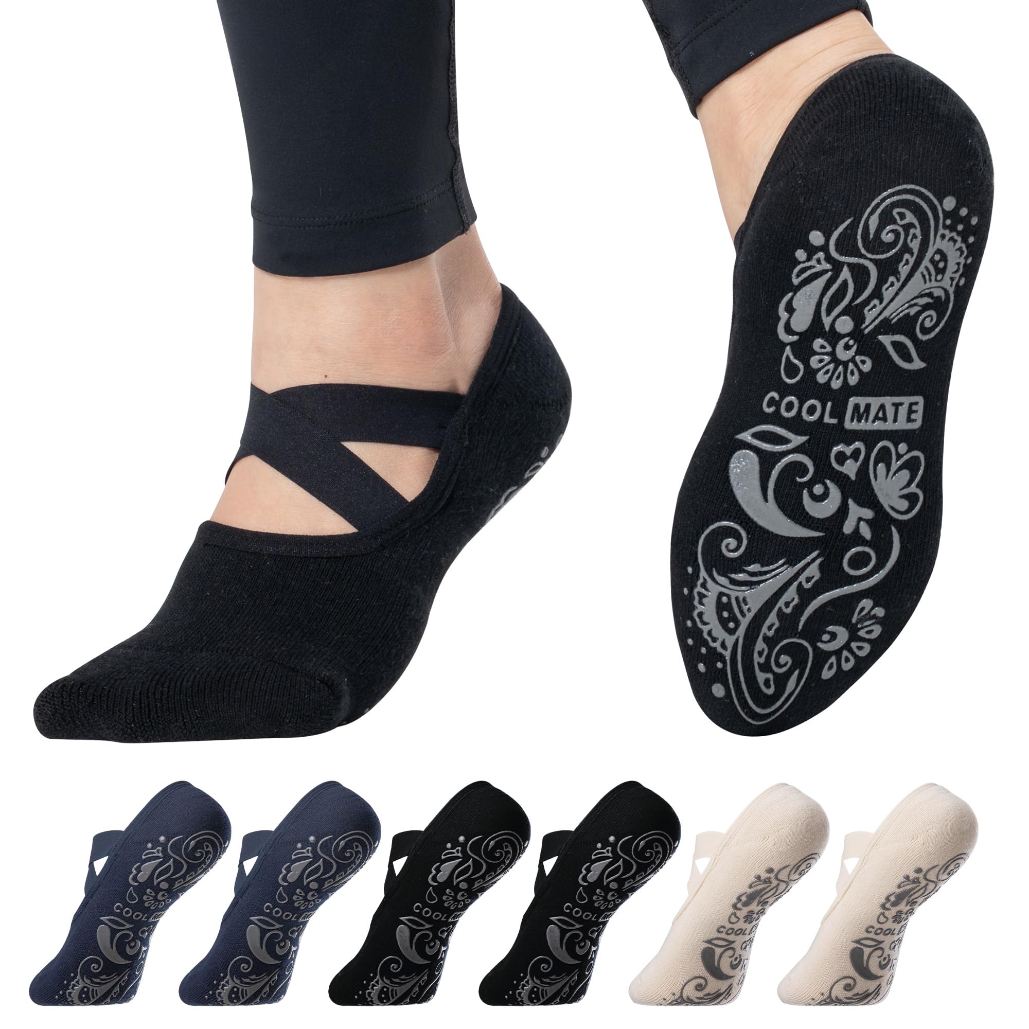 CoolMate Pilates Socks with Grips for Women, Yoga Socks, Crew Non Slip Women for Barre, Pilates Gifts