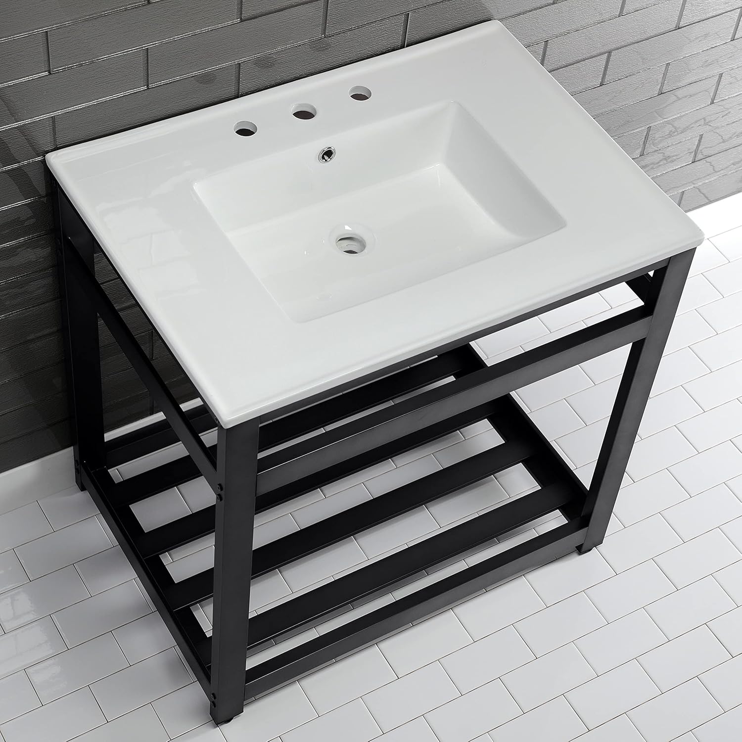 Kingston Brass VWP3122W8A0 Quadras 31-Inch Ceramic Console Sink (8-Inch, 3-Hole), White/Matte Black