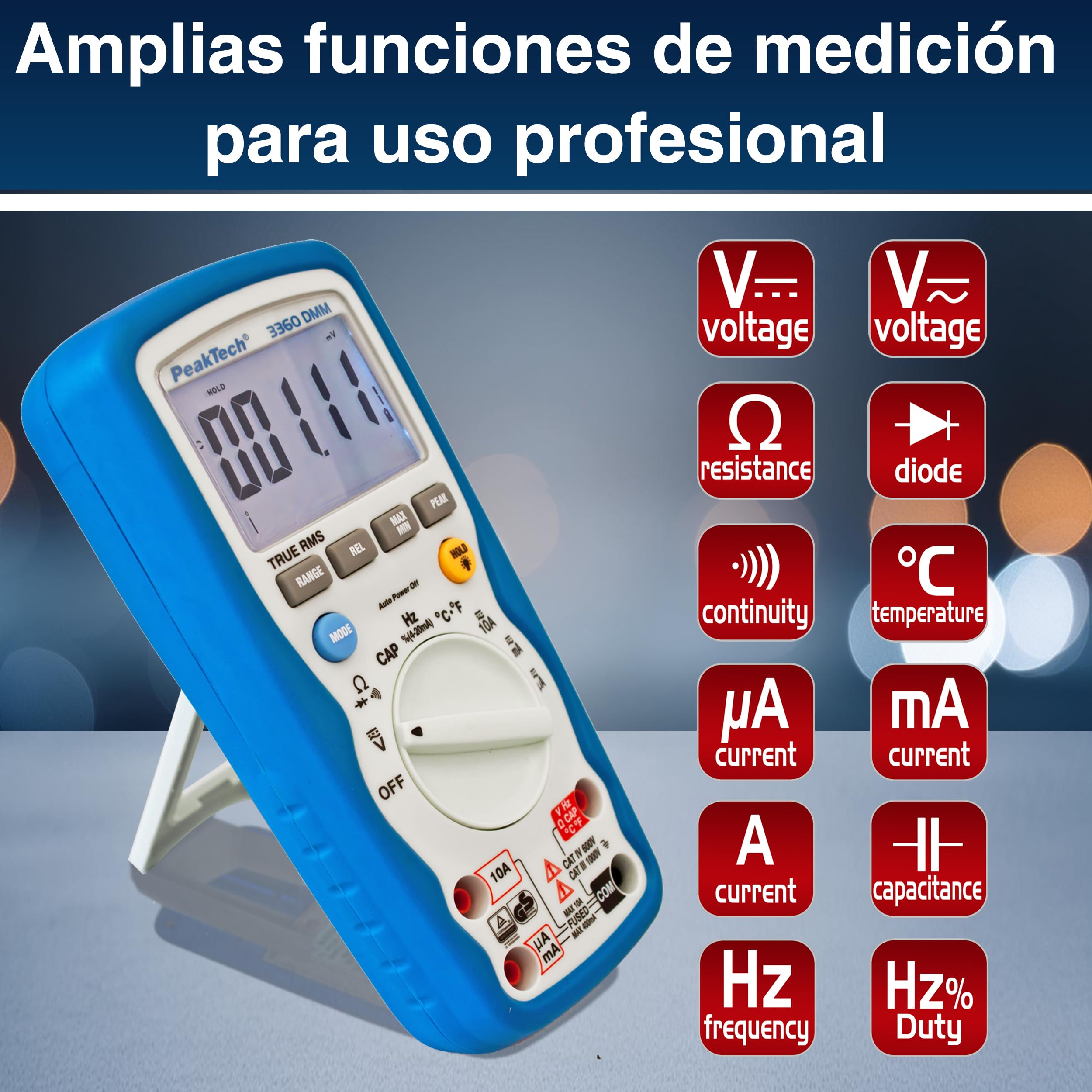 PeakTech 3360 - Multímetro Digital RMS, Resistente Al Agua (Ip67), 40000 Cuentas, Portátil Profesional, Tuv / Gs, Rango Automático, Medidor de Voltaje, Probador de Continuidad - Cat III 1000 V