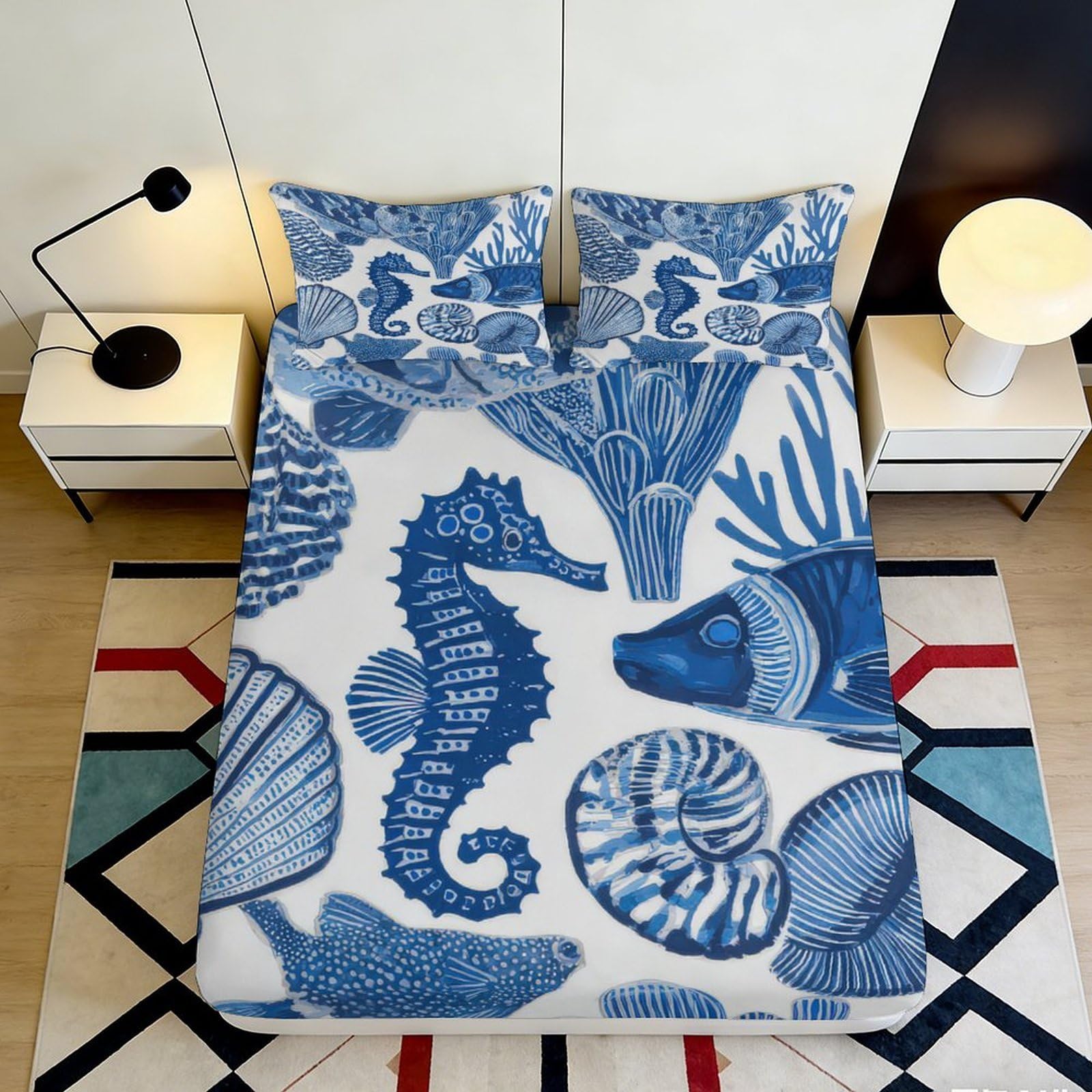 3D Printed Ocean Seahorse Fitted Sheet Microfiber Blue Marine Fish Mattress Cover Non Slip Washable Bedroom Decor 160x200x25cm